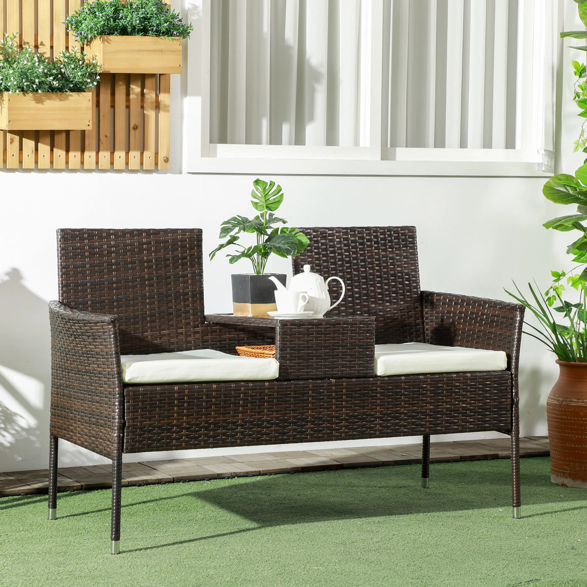 2 Seat Rattan Garden Bench with Middle Glass Tea Table & Padded Cushions, Brown - Image 4