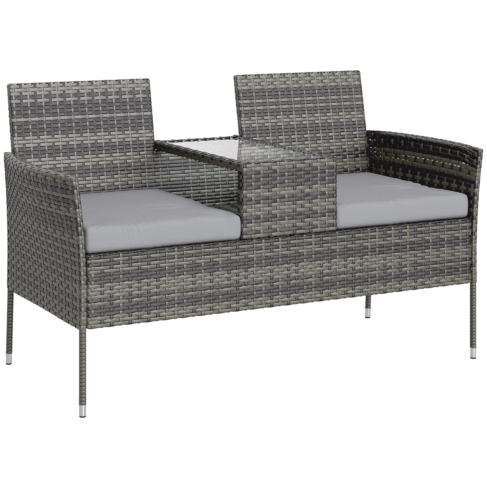 2 Seat Rattan Garden Bench, Patio Wicker Chair with Glass Tea Table, Outdoor Love Seat with Padded Cushions, for Garden, Porch, Charcoal Grey/Grey - Image 12