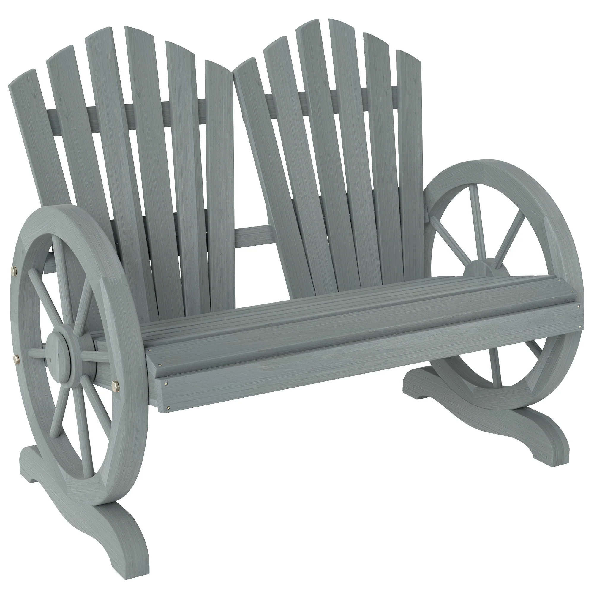 2 Seater Adirondack Wooden Love Chairs with Wagon Wheel-Shaped Armrests, Grey