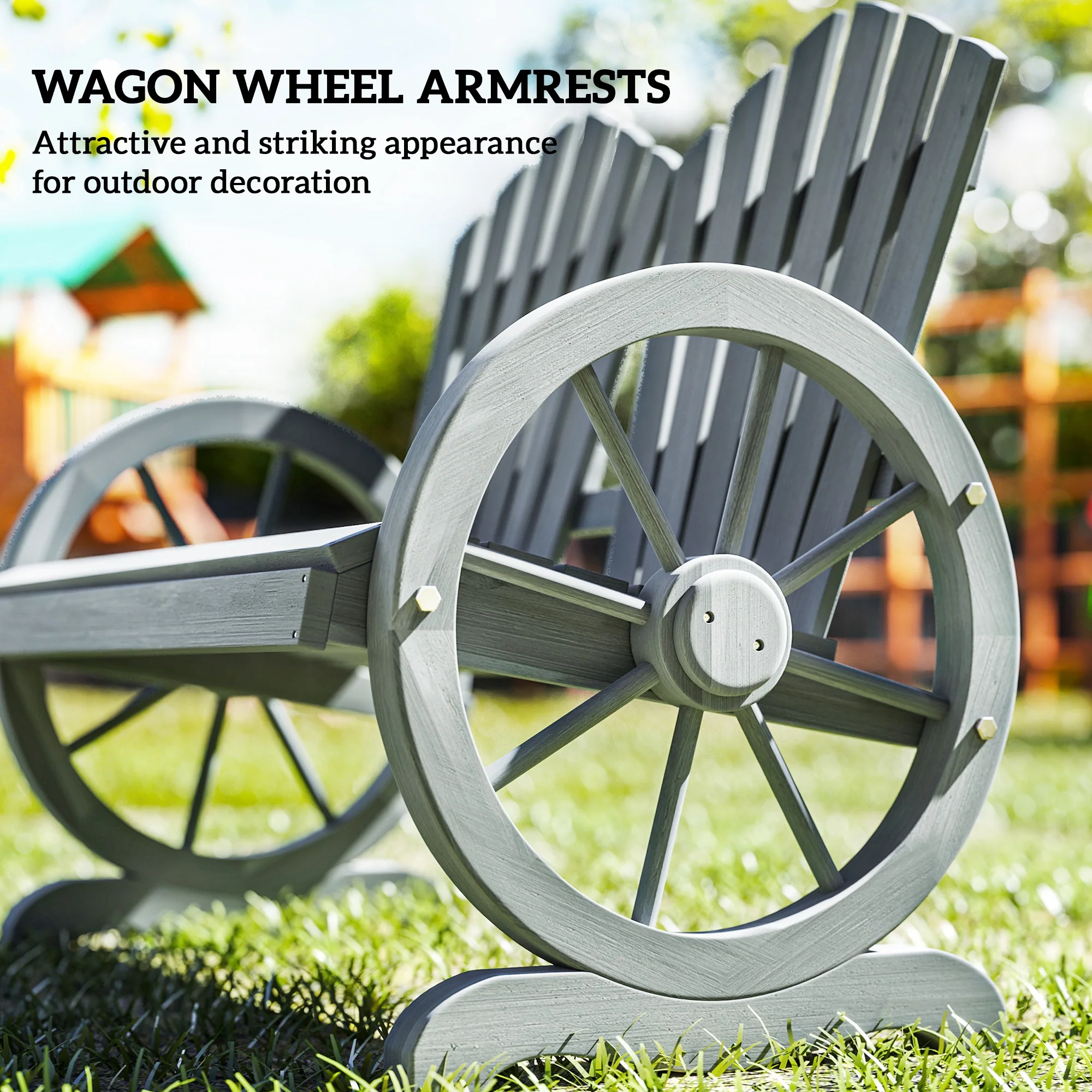 2 Seater Adirondack Wooden Love Chairs with Wagon Wheel-Shaped Armrests, Grey - Image 9
