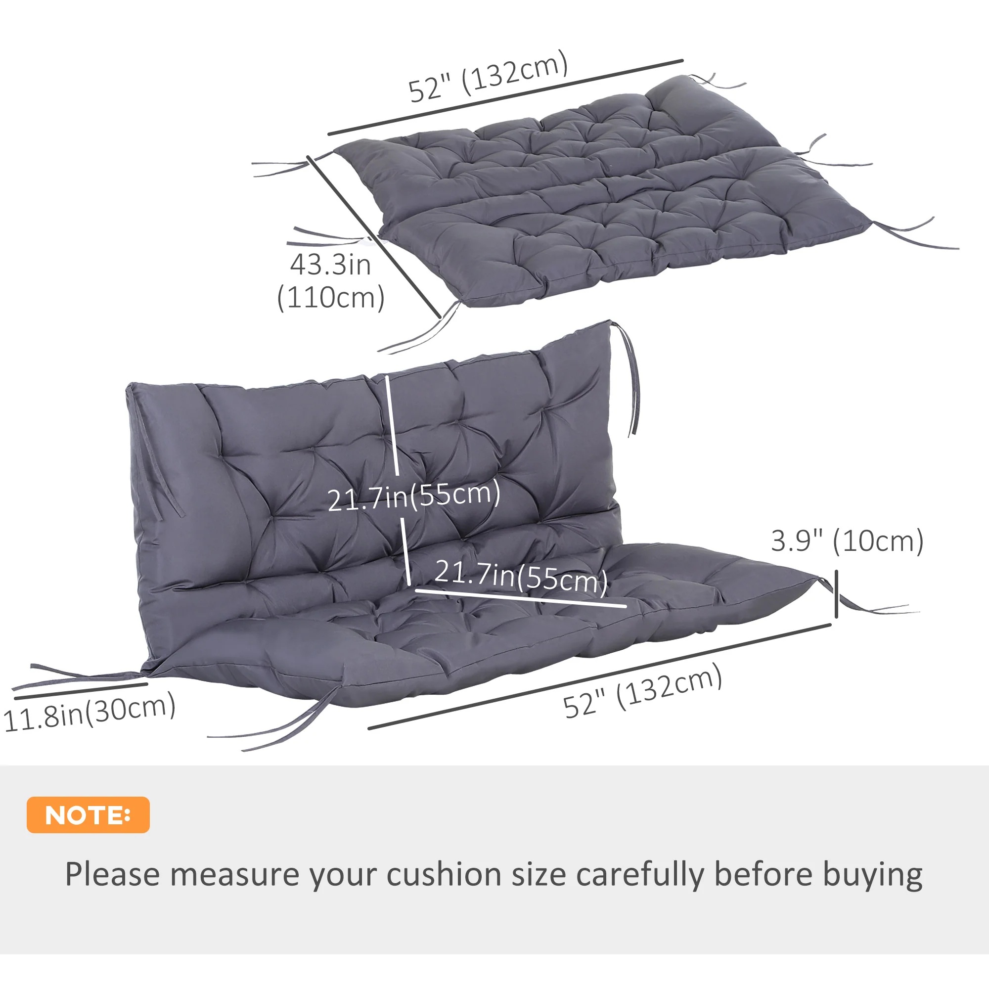 2 Seater Garden Bench Cushions, Non-Slip Soft Pad with Backrest, 52" x 43" x 4", Dark Grey - Image 5