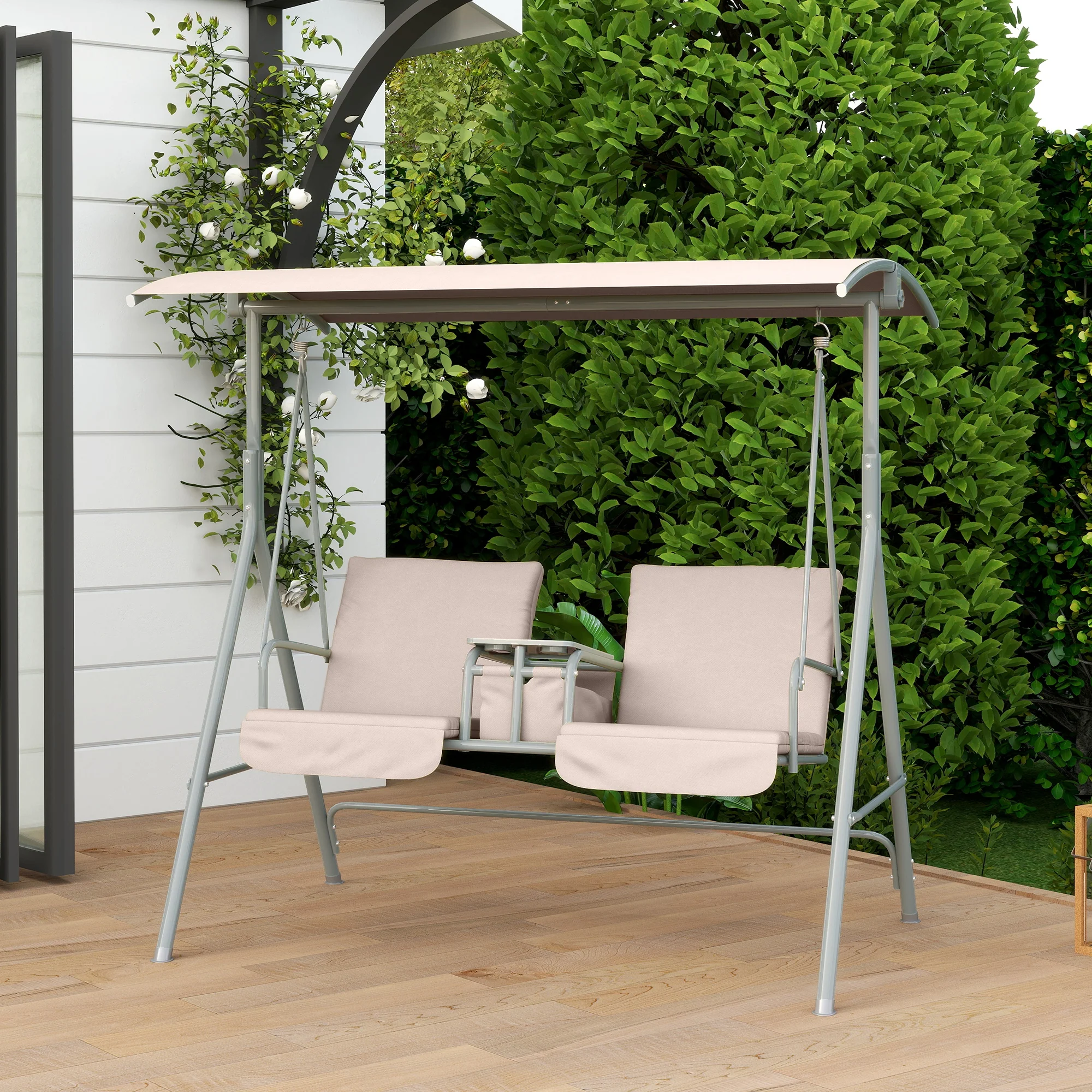 2 Seater Garden Swing Chair Patio Rocking Bench w/ Tilting Canopy, Double Padded Seats, Storage Bag and Tray, Beige - Image 11