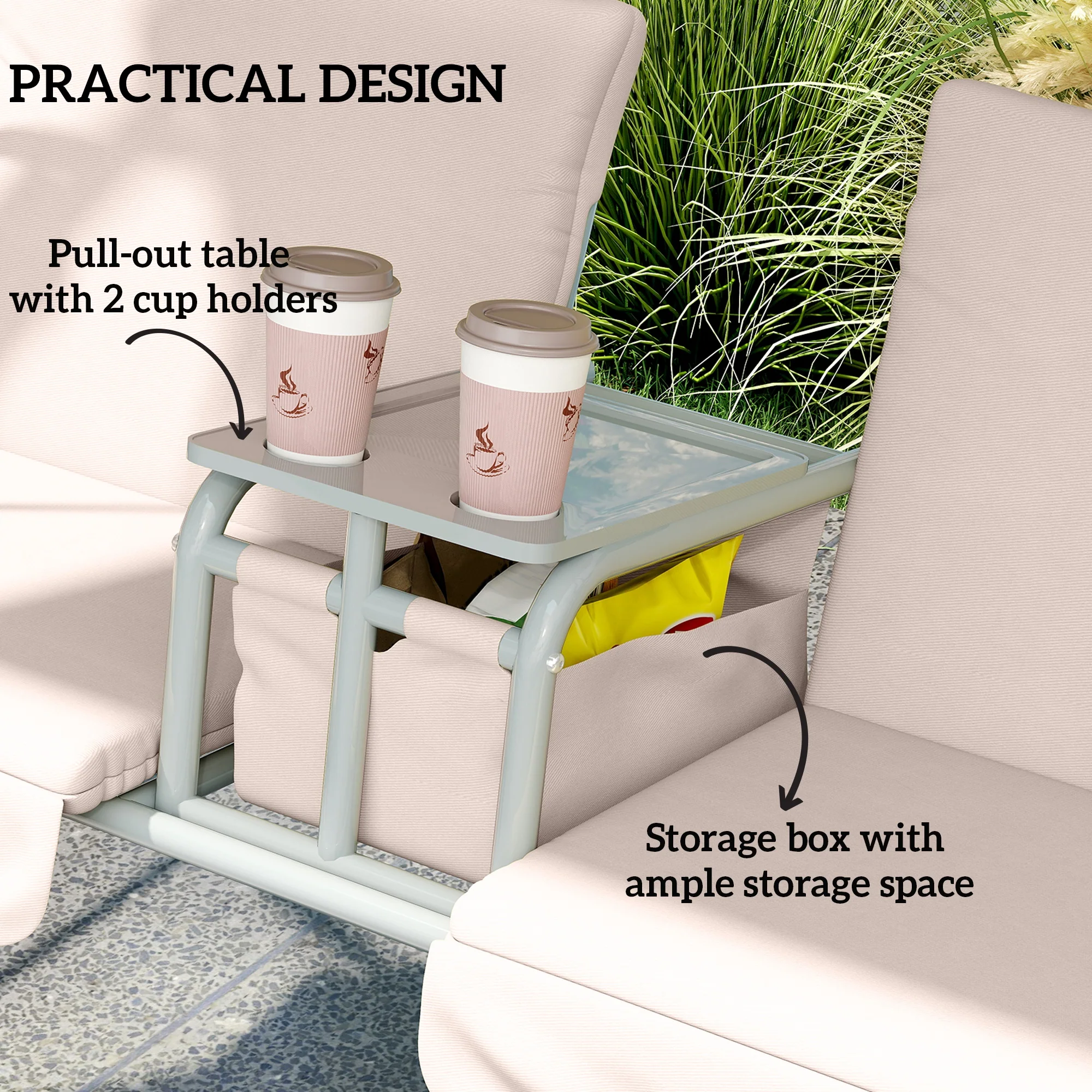 2 Seater Garden Swing Chair Patio Rocking Bench w/ Tilting Canopy, Double Padded Seats, Storage Bag and Tray, Beige - Image 7
