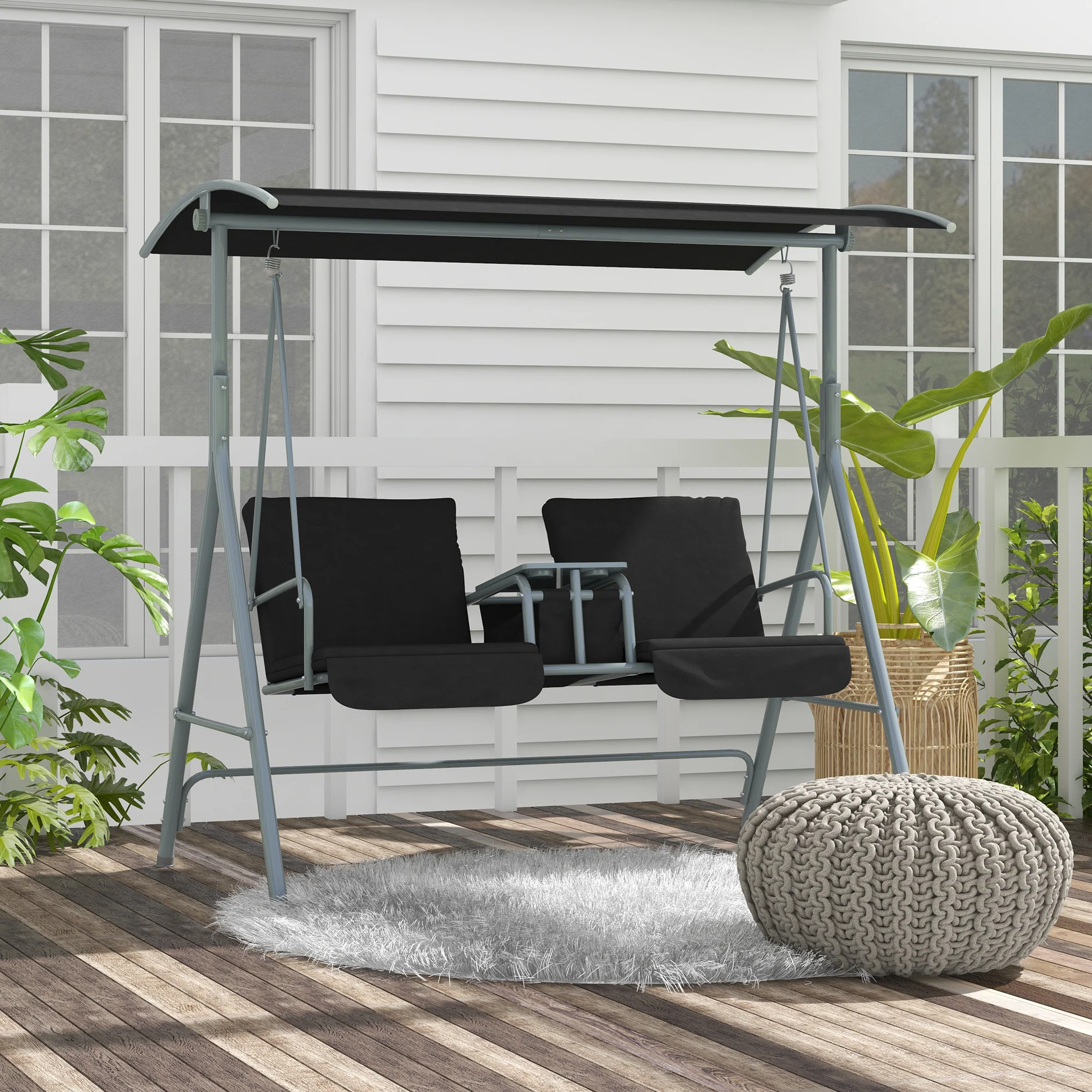 2 Seater Garden Swing Chair Patio Rocking Bench w/ Tilting Canopy, Double Padded Seats, Storage Bag and Tray, Black - Image 4