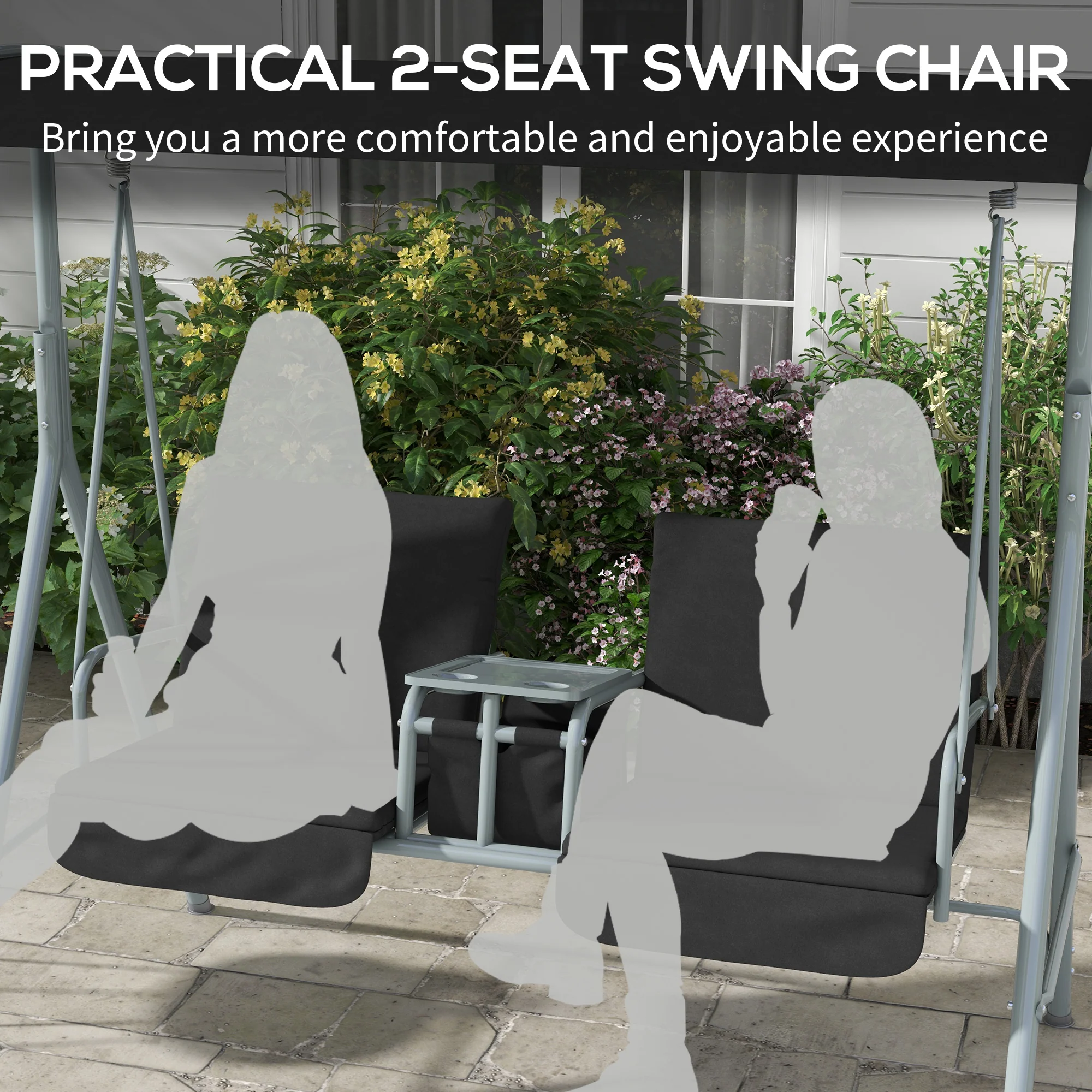 2 Seater Garden Swing Chair Patio Rocking Bench w/ Tilting Canopy, Double Padded Seats, Storage Bag and Tray, Black - Image 9