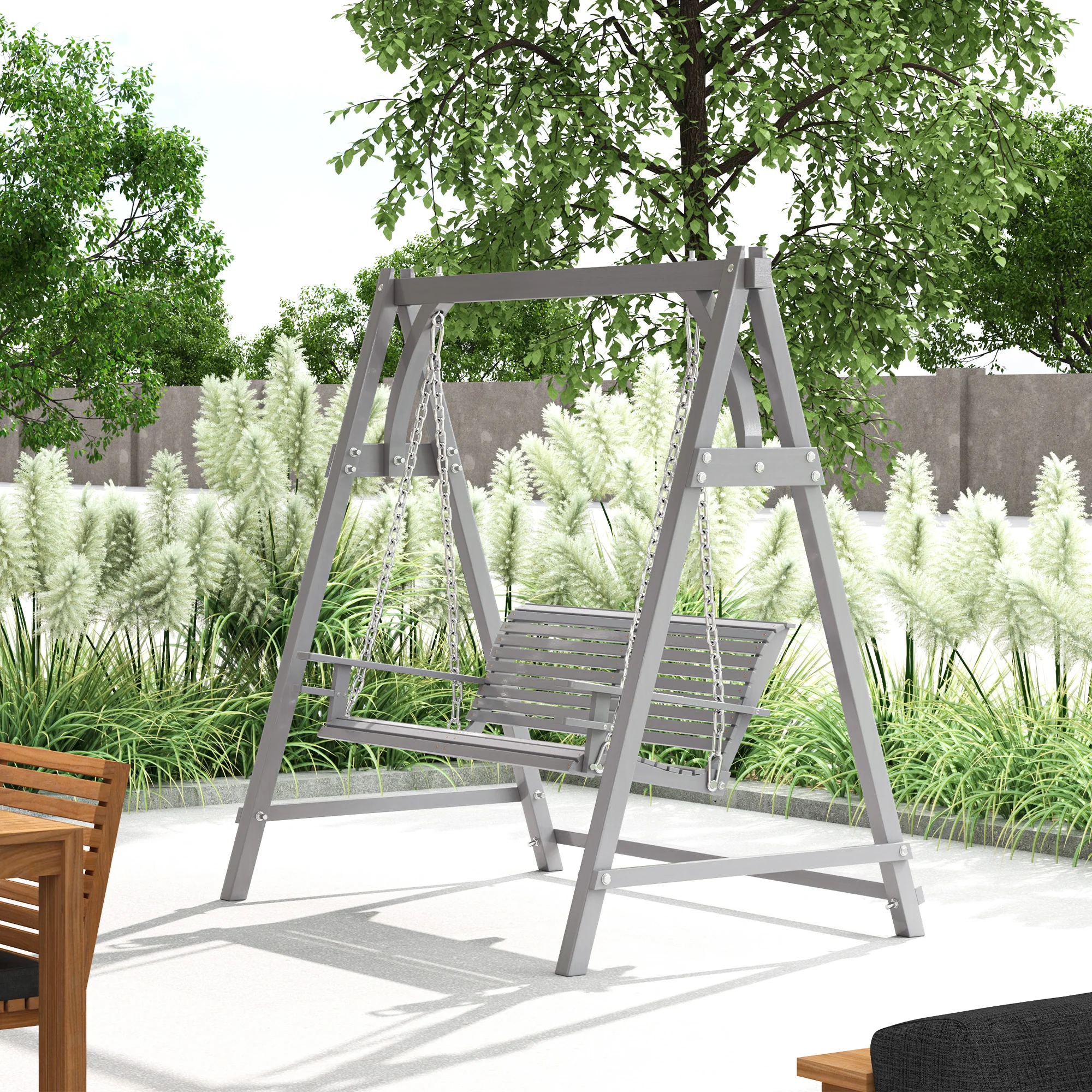 2 Seater Wooden Swing Chair Bench with Cup Holders for Outdoor Porch Patio, Grey - Image 10