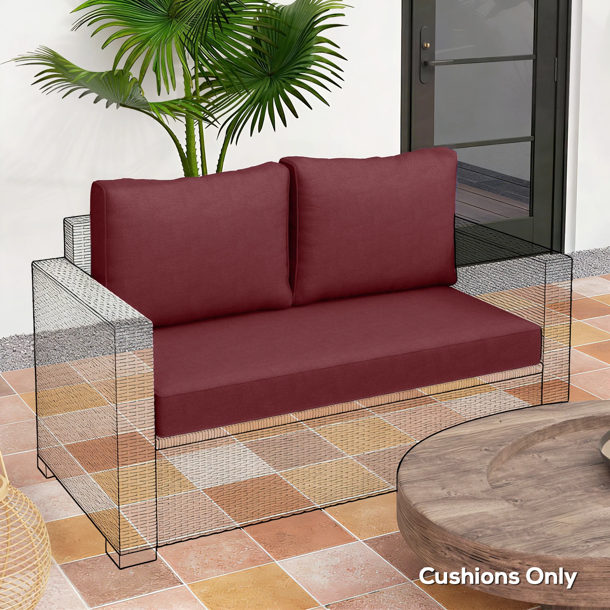 Outdoor Seat Cushions with Backrest, Loveseat Double Sofa Outdoor Furniture Cushions, Wine Red - Image 11