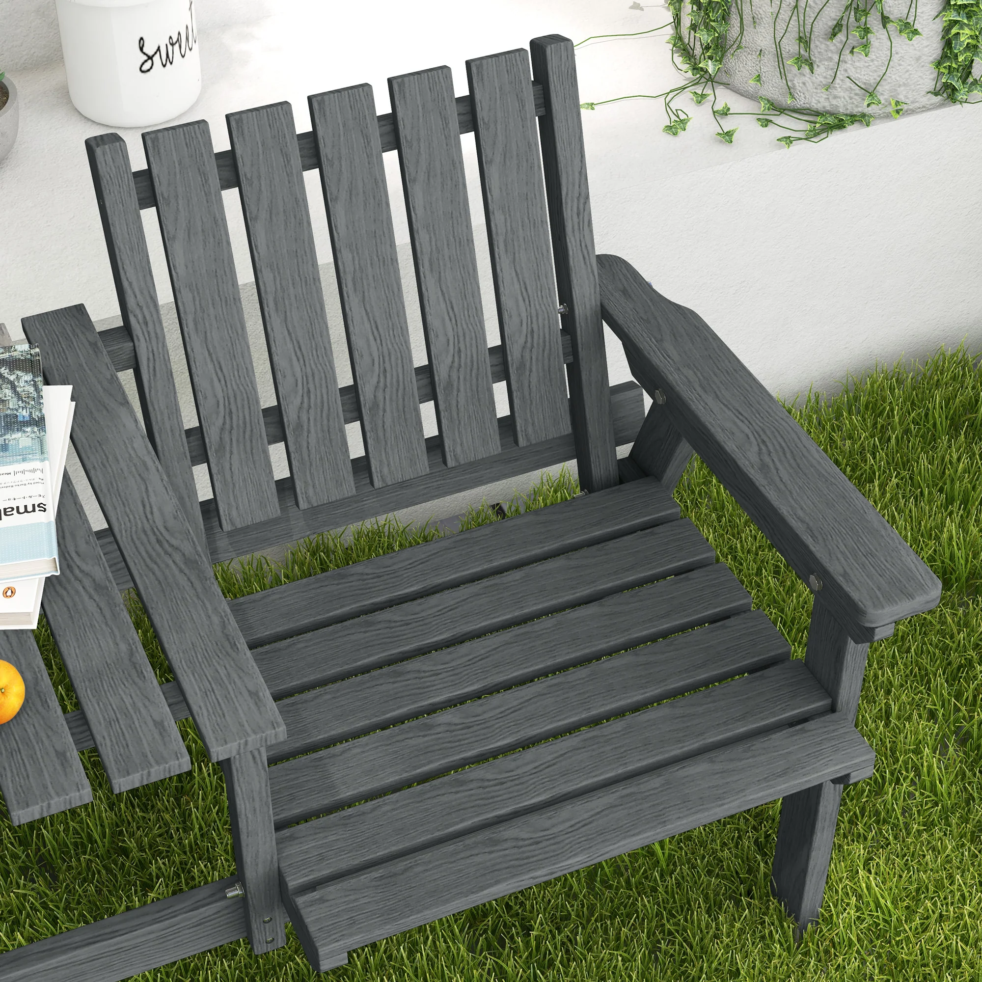 Garden Bench with Middle Table & Umbrella Hole, 2-Seater Wooden Bench, Slat Design, Grey - Image 10
