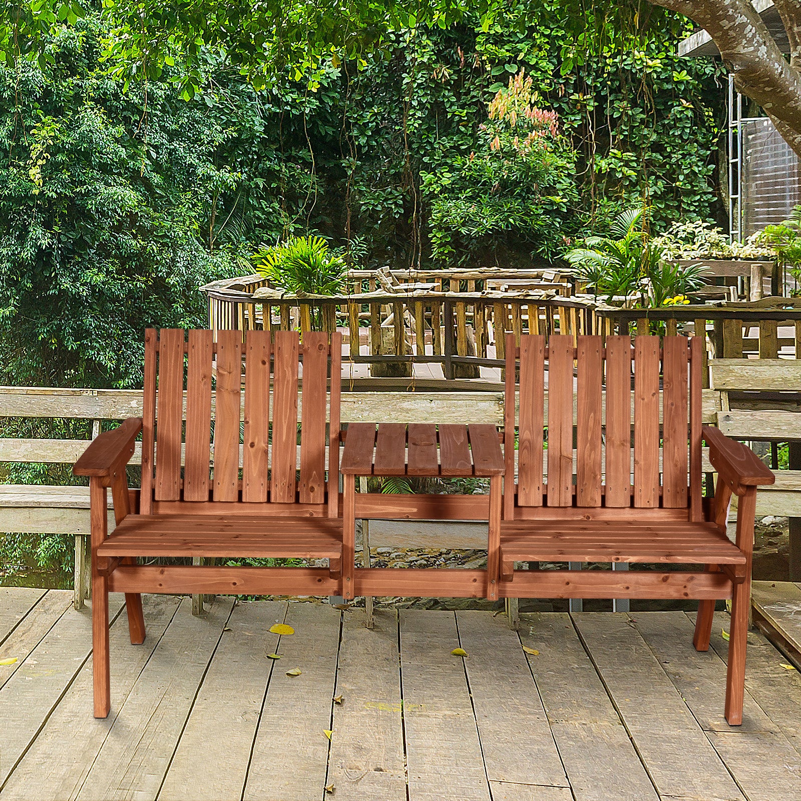 Garden Bench with Middle Table & Umbrella Hole, 2-Seater Wooden Bench, Slat Design, Orange - Image 4