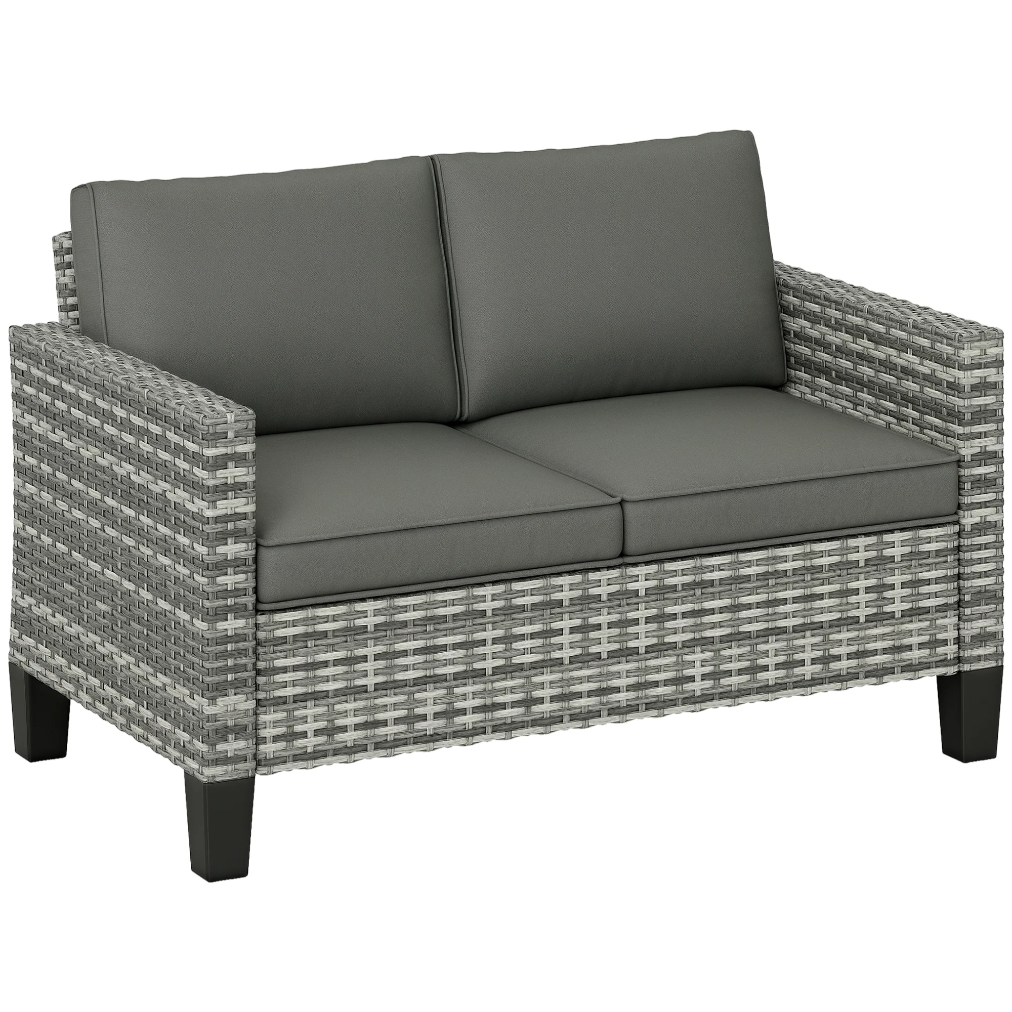 2 Seater Rattan Sofa with Cushions, Wicker Garden Loveseat with Armrests, Outdoor Garden Sofa Couch with Steel Frame for Balcony, Porch, Light Grey