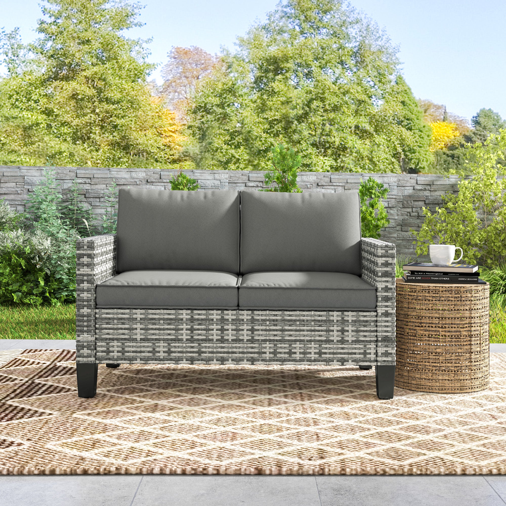 2 Seater Rattan Sofa with Cushions, Wicker Garden Loveseat with Armrests, Outdoor Garden Sofa Couch with Steel Frame for Balcony, Porch, Light Grey - Image 11