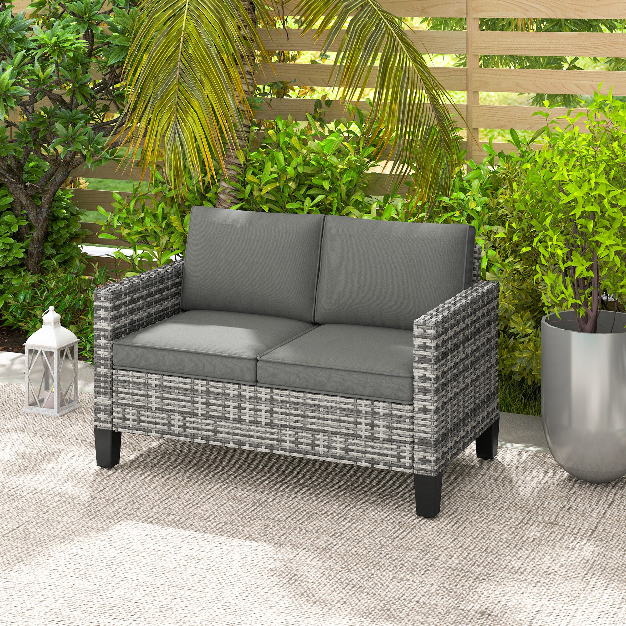 2 Seater Rattan Sofa with Cushions, Wicker Garden Loveseat with Armrests, Outdoor Garden Sofa Couch with Steel Frame for Balcony, Porch, Light Grey - Image 4