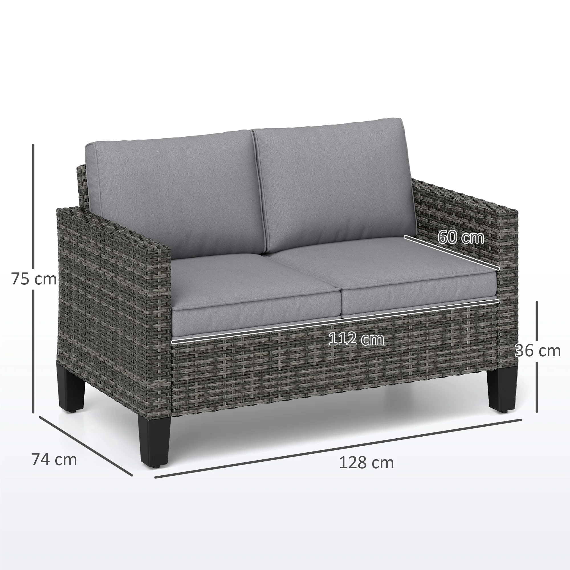 2 Seater Rattan Sofa with Cushions, Wicker Garden Loveseat with Armrests, Outdoor Garden Sofa Couch with Steel Frame for Balcony, Porch, Dark Grey - Image 5