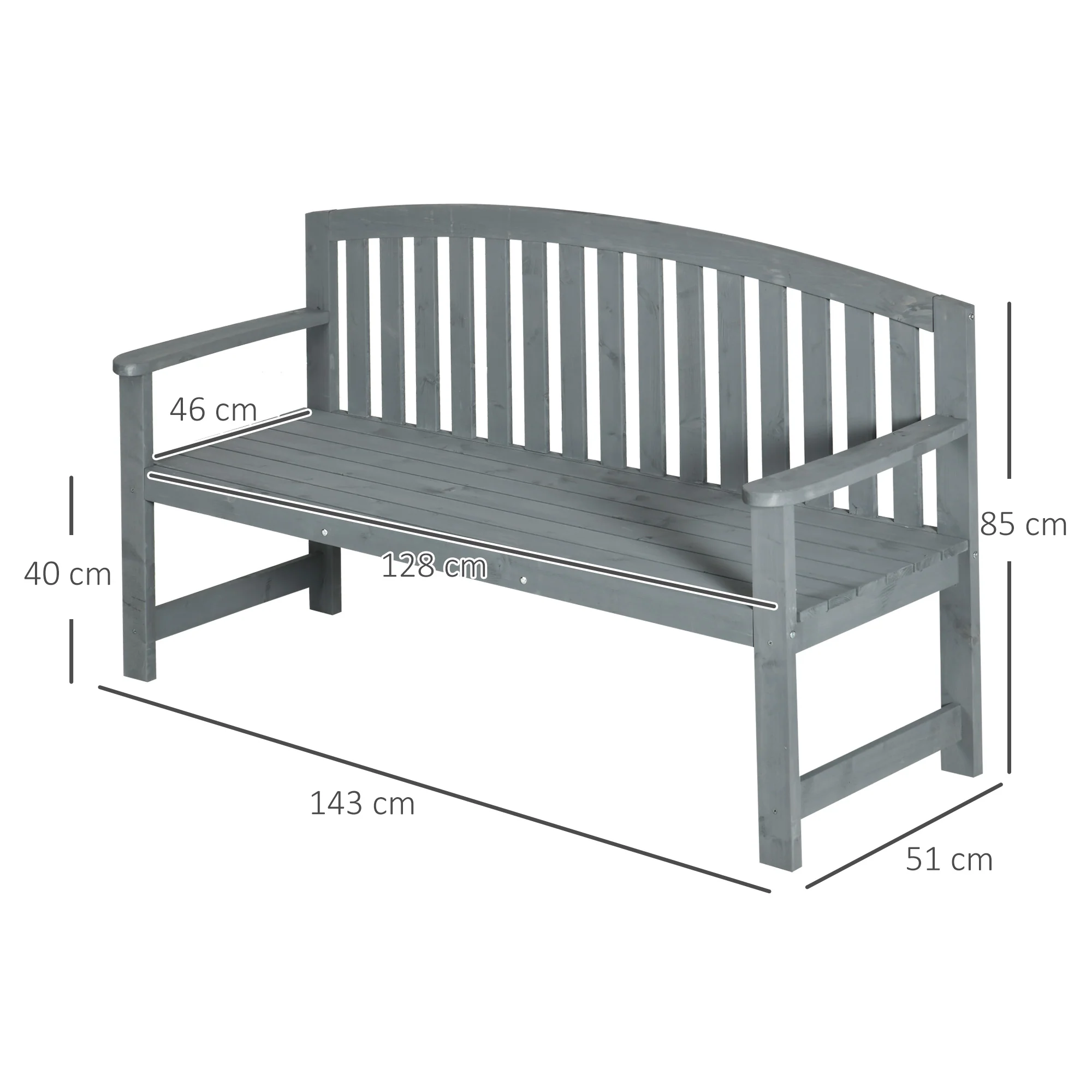 2 Seater Wooden Garden Bench with Armrest & Backrest for Park, Balcony, Grey - Image 5