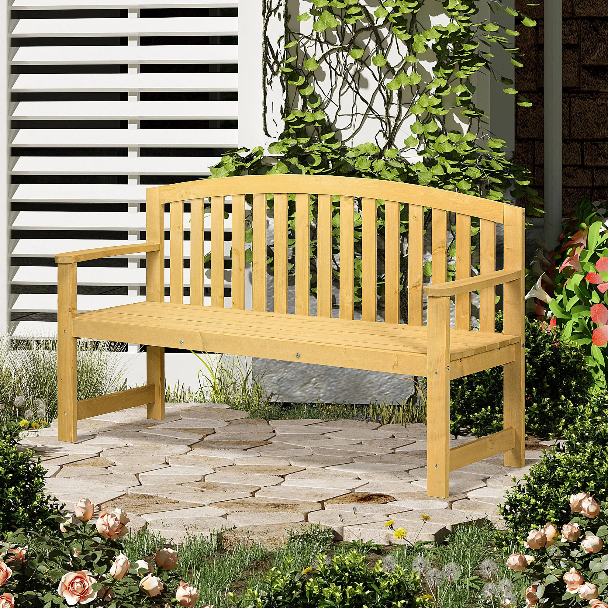 2 Seater Wooden Garden Bench with Armrest & Backrest for Park, Balcony, Orange - Image 3