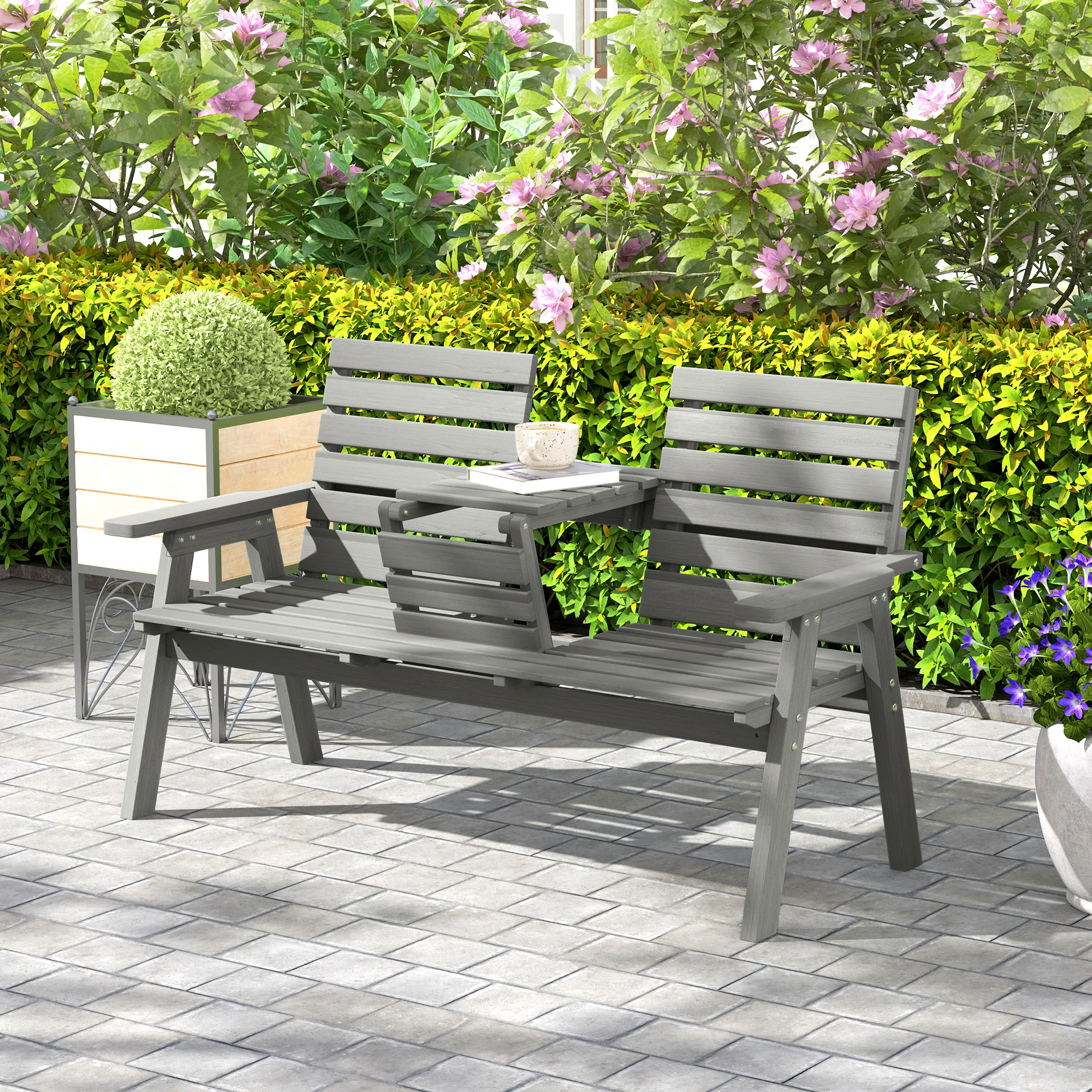 2 Seater Wooden Garden Bench with Convertible Middle Table for Patio, Park, Porch, Grey - Image 3