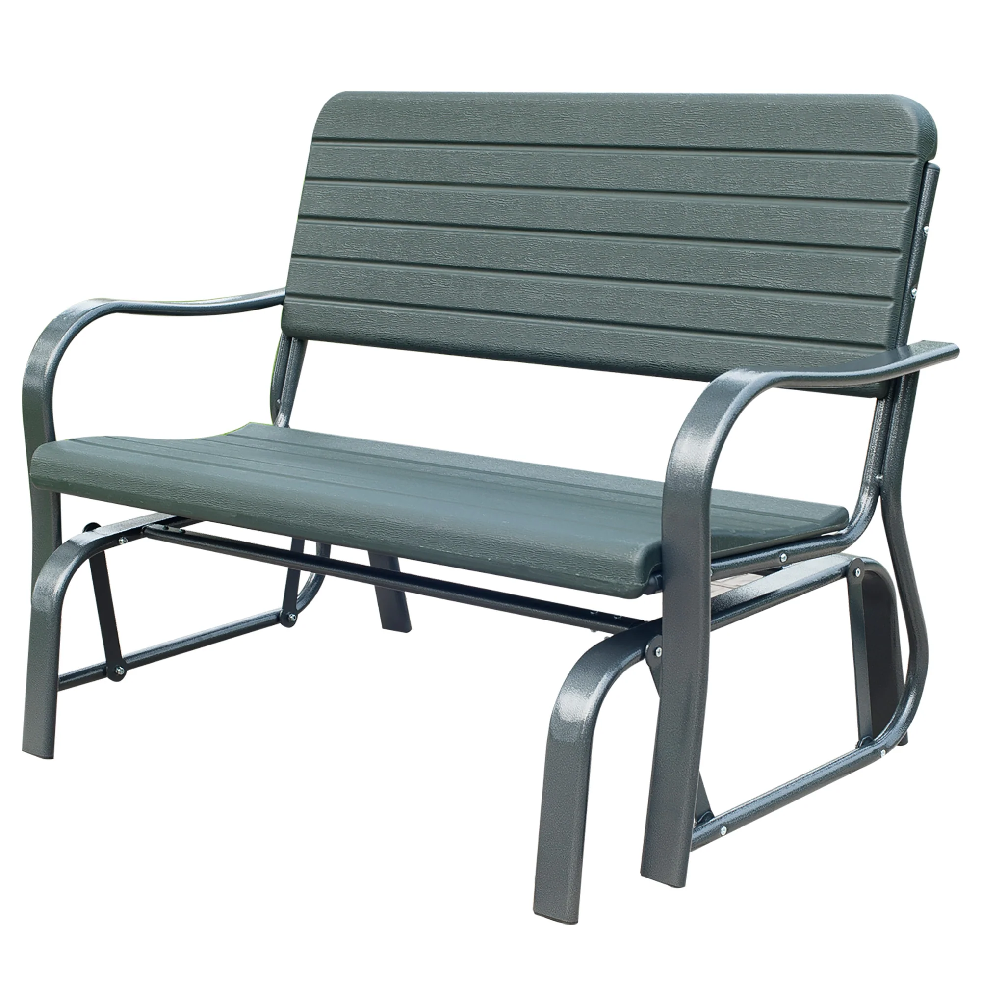 2 Seats Garden Glider Bench, Metal Frame and HDPE Swing Loveseat, Porch Rocking Glider for 2 Person with High Back and Armrest, Dark Green - Image 2