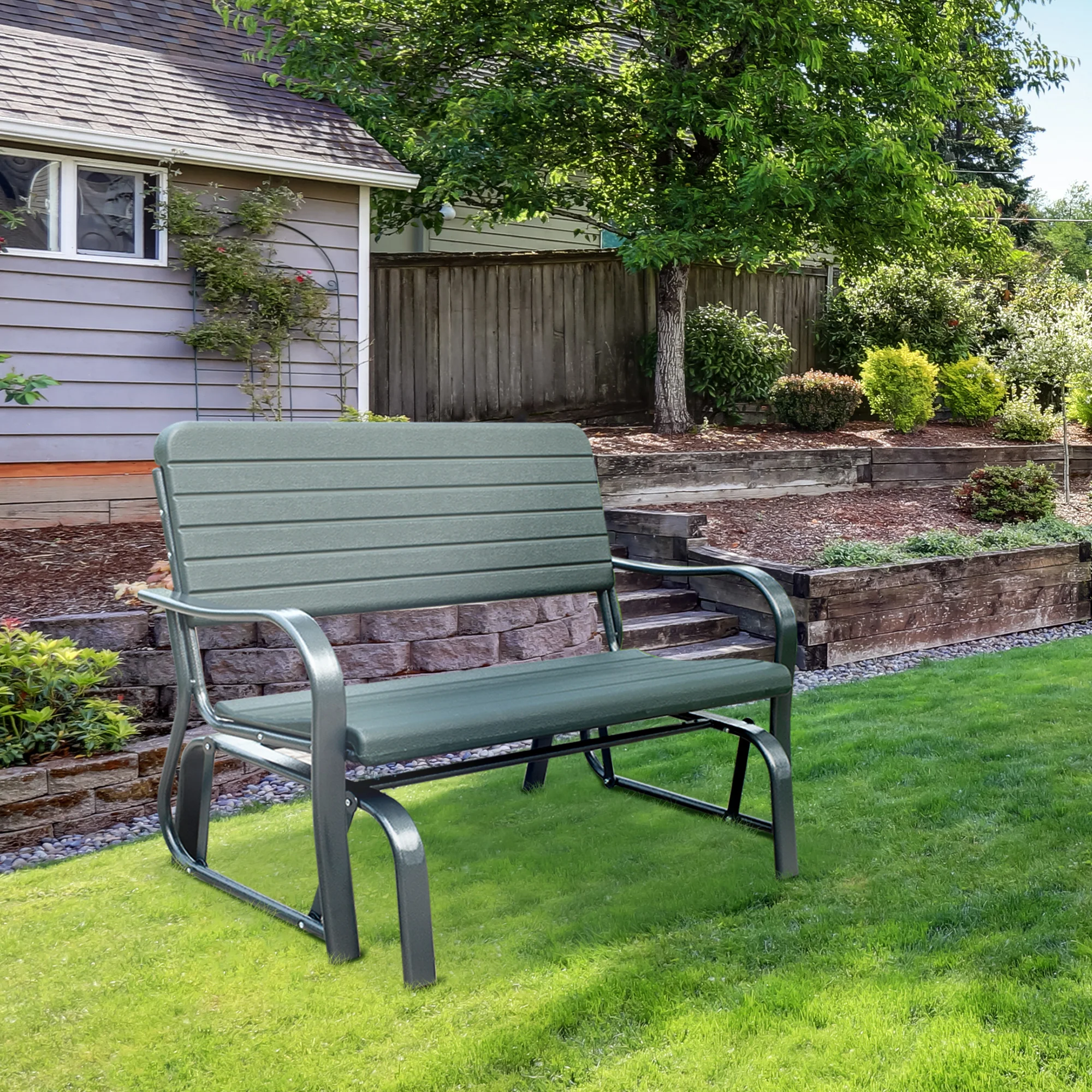 2 Seats Garden Glider Bench, Metal Frame and HDPE Swing Loveseat, Porch Rocking Glider for 2 Person with High Back and Armrest, Dark Green - Image 4