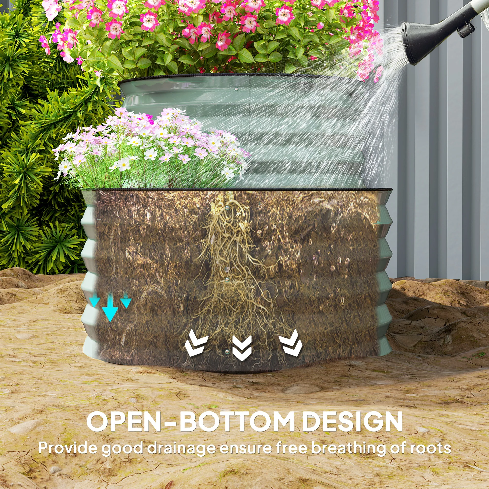 2-Tier Raised Garden Bed, Outdoor Galvanised Planter Box with Safety Edging and Gloves, Metal Raised Bed with Open Bottom for Vegetables, Flowers, Fruits and Herbs, Light Green - Image 9