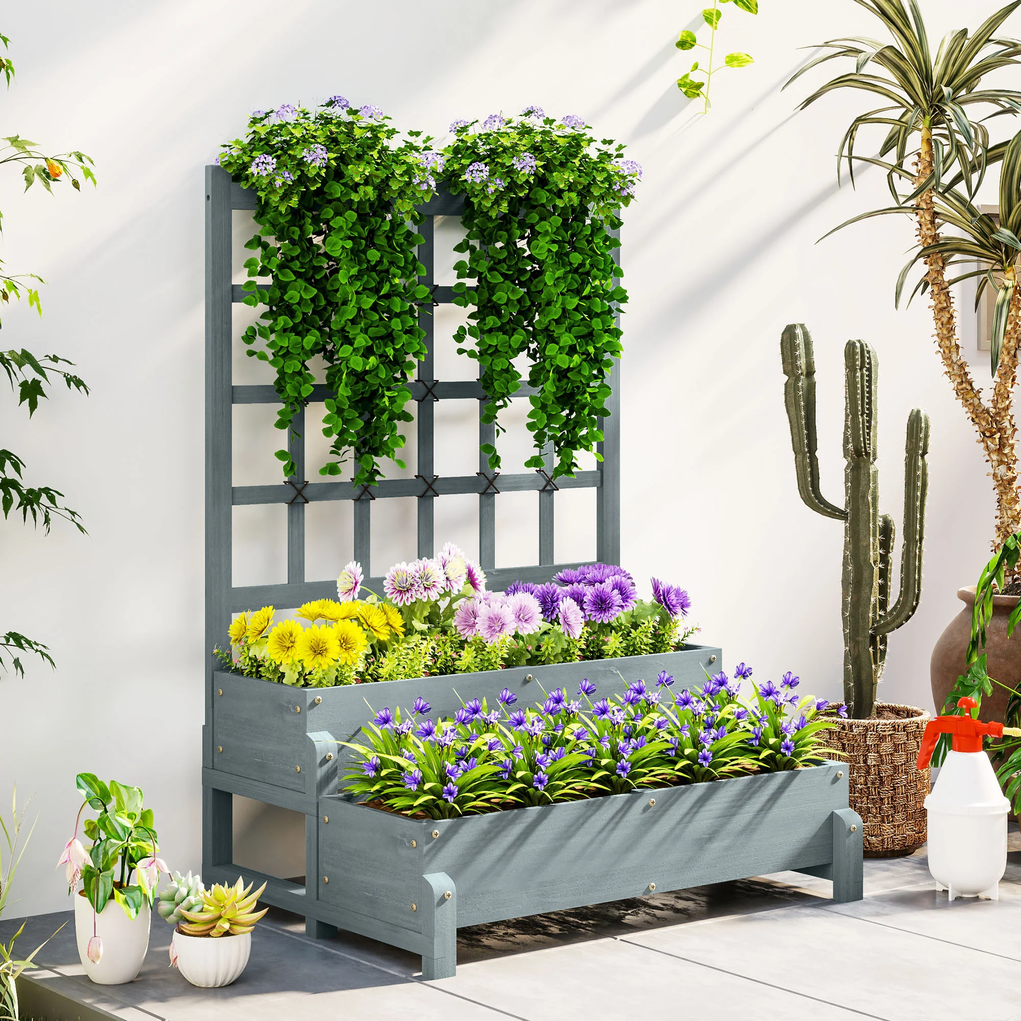 2-Tier Raised Garden Bed with Trellis, Wooden Elevated Planter Box with Drainage Holes, Outdoor Raised Planter for Climbing Plants, Fruits, Vegetables, Flowers, Grey - Image 3