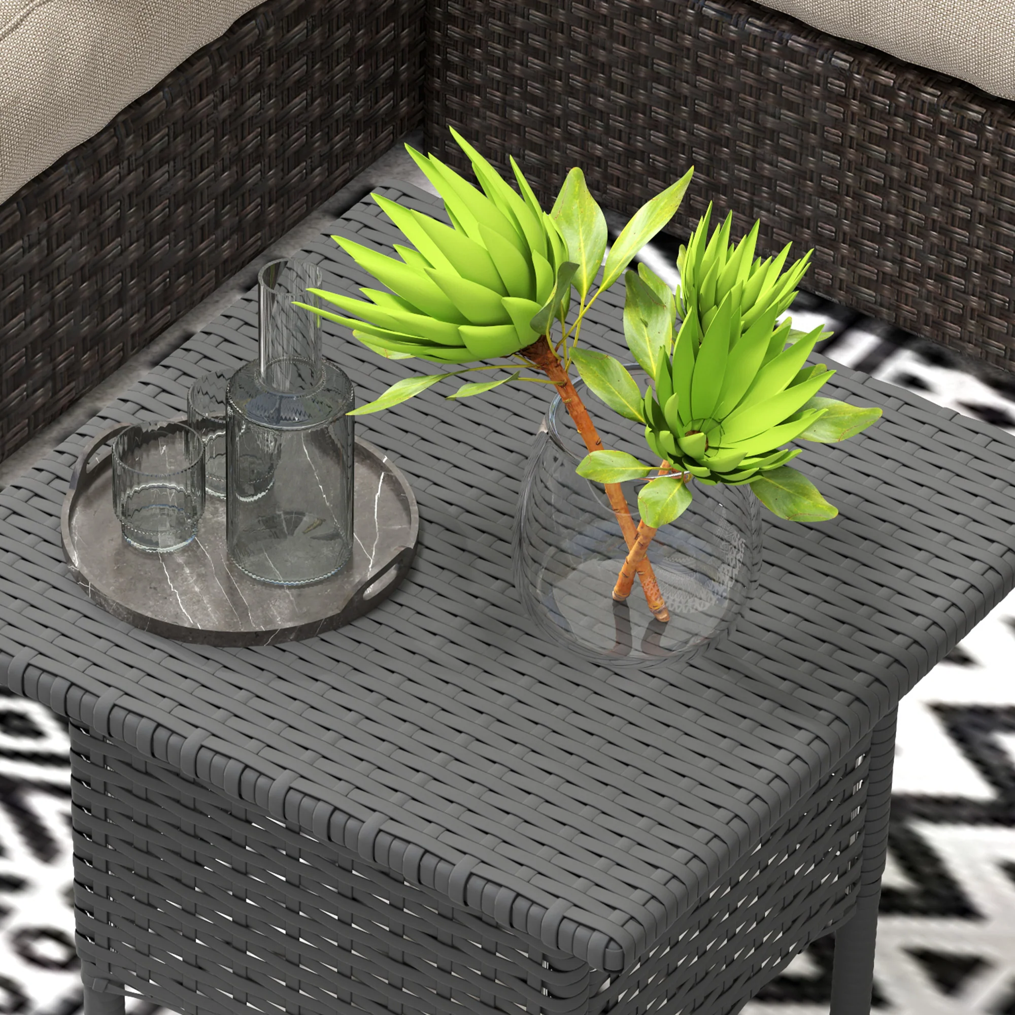20" Outdoor Wicker Coffee Table with Plastic Board Underneath the Woven Tabletop for Patio, Garden, Balcony, Grey - Image 10
