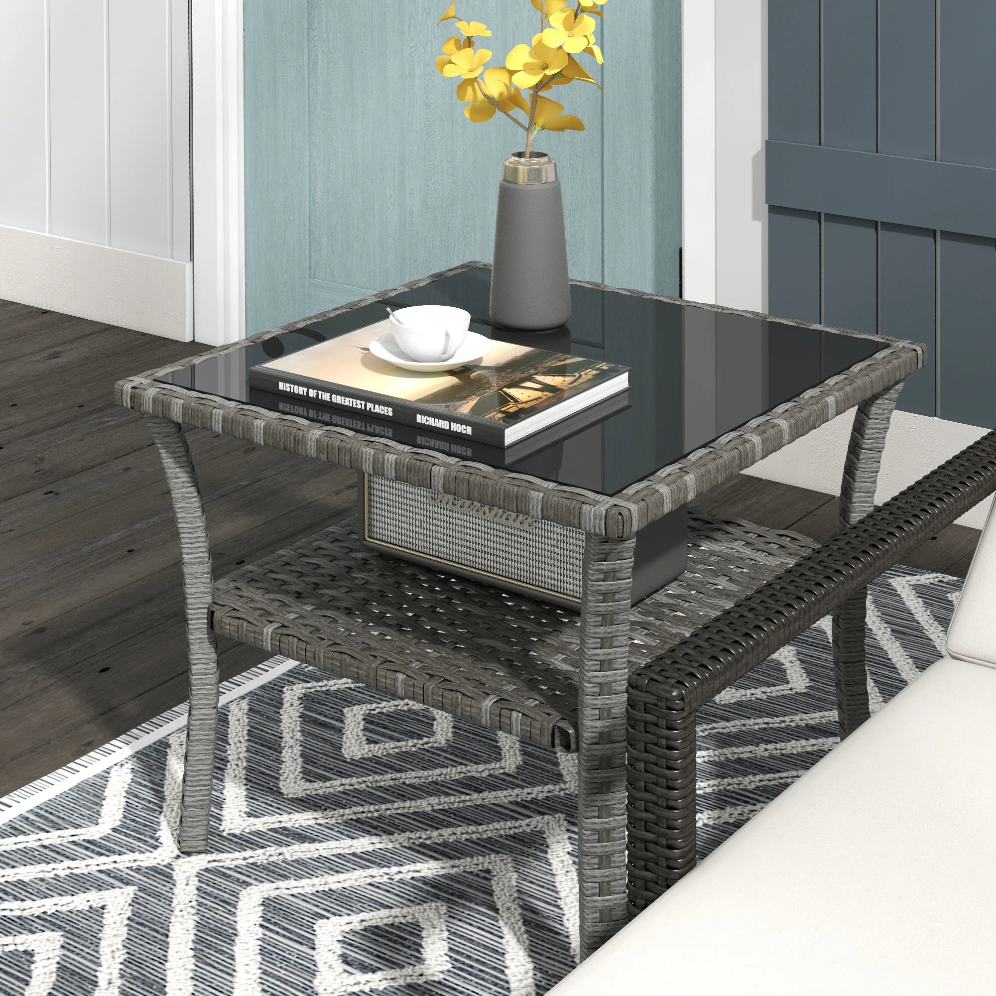 20" Patio Wicker Coffee Table, 2-Tier Outdoor PE Rattan Side Table with Glass Top, Grey - Image 4