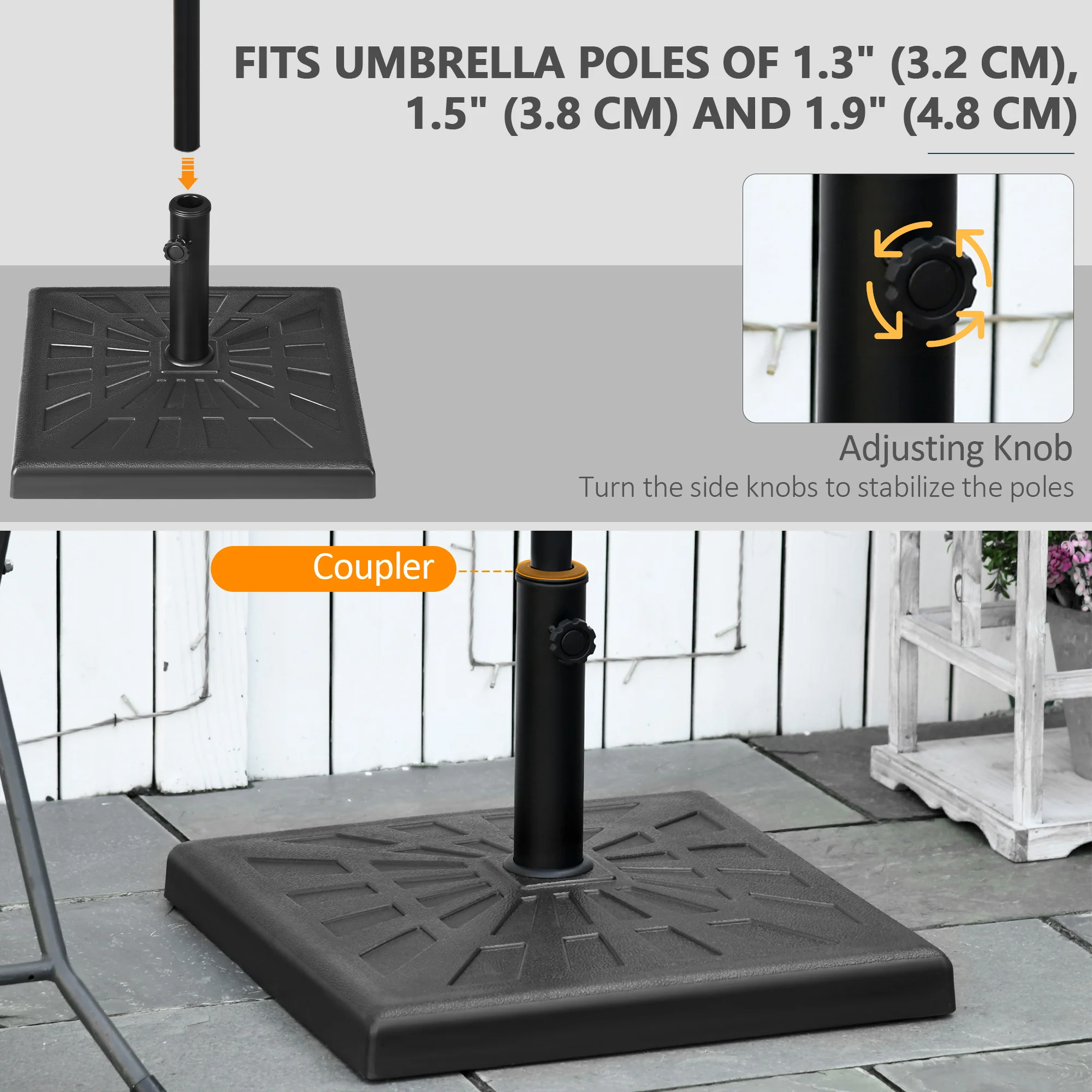 20" 42lb Square Resin Umbrella Base, for 1.3"/1.5"/1.9" Poles, Black - Image 6