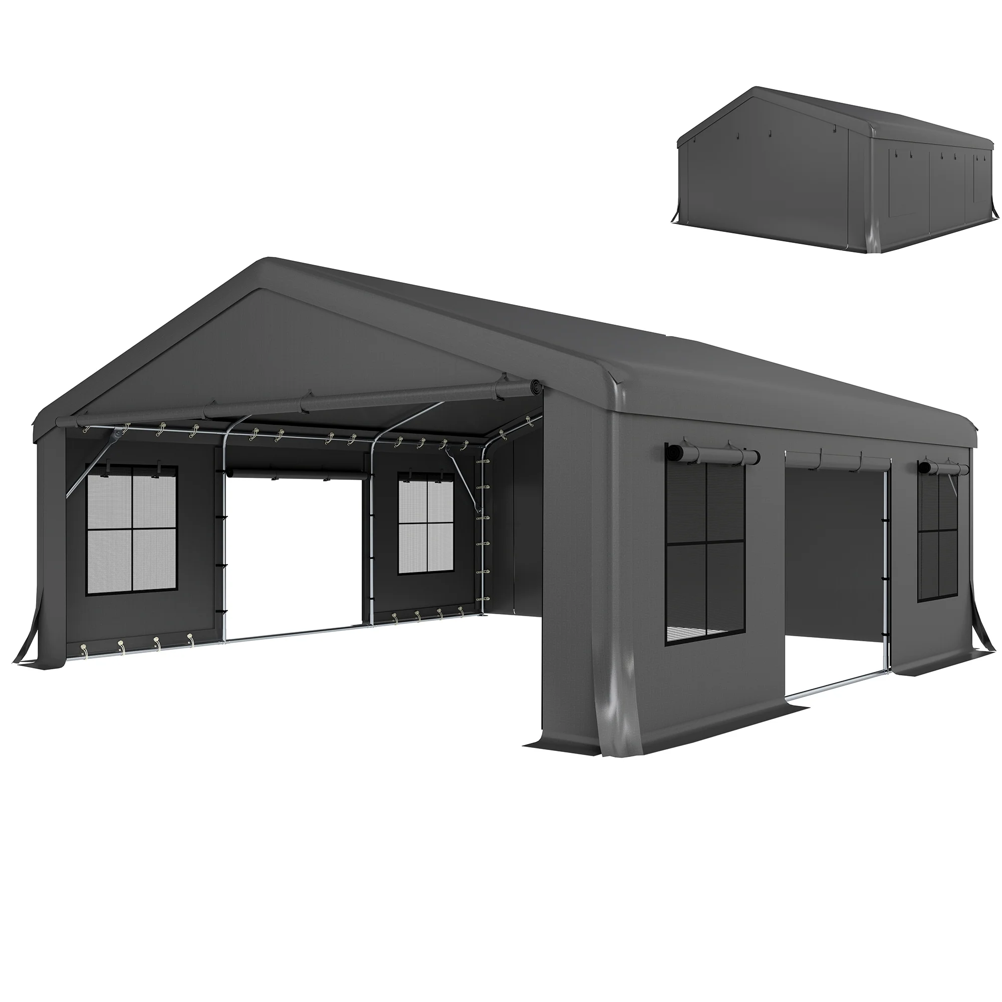 20' x 20' Heavy Duty Carport, Portable Garage Car Canopy Tent with Reinforced Galvanized Frame, 3 Roll-up Doors, 4 Mesh Windows for Cars, Trucks, Boats, Motorcycle, Bike, Dark Gray - Image 2