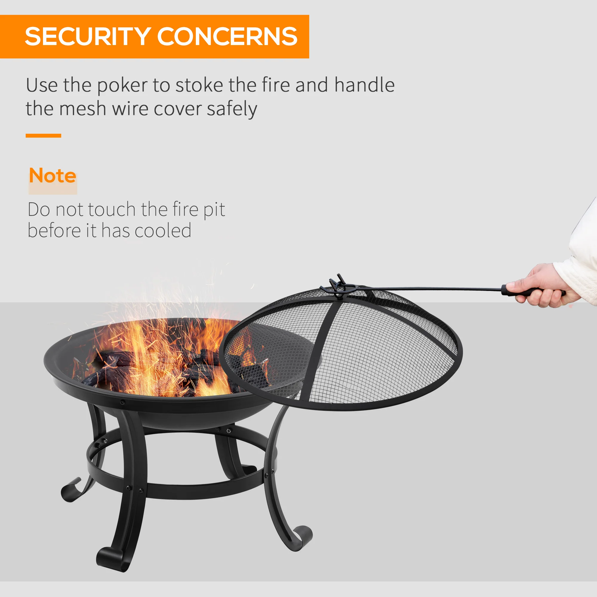 Outdoor Fire Pit, Firepit with Mesh Lid, Poker, for Camping, Bonfire, Picnic, Black - Image 7