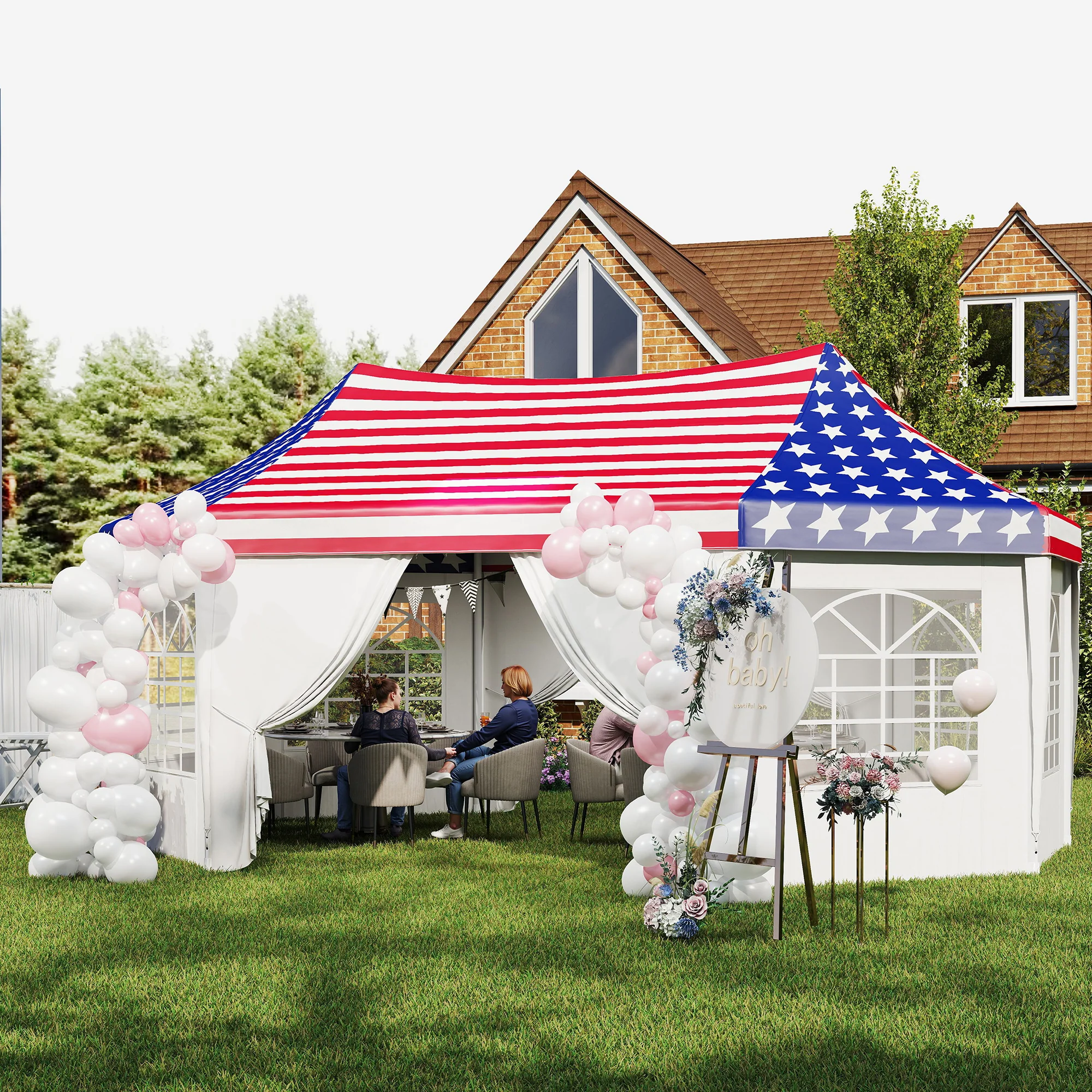 22.3 x 16.4 ft Party Tent, Heavy Duty Event Tent with Sidewalls, 2 Doors and 6 Windows, Outdoor Gazebo Shelter for Wedding, Party, American Flag - Image 10