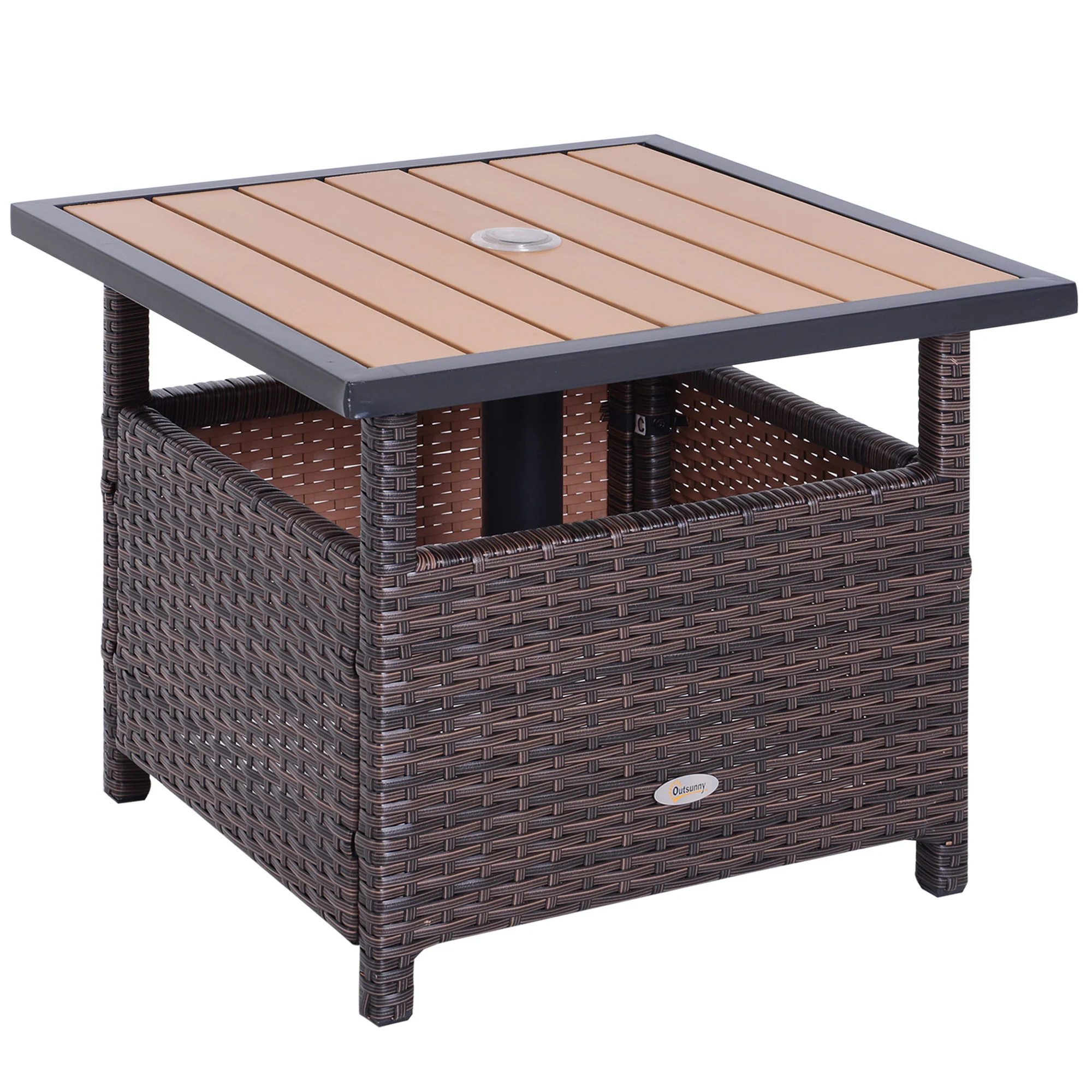 22" Square Steel PE Rattan Wicker Table with Umbrella Hole for Outdoor Patio, Brown