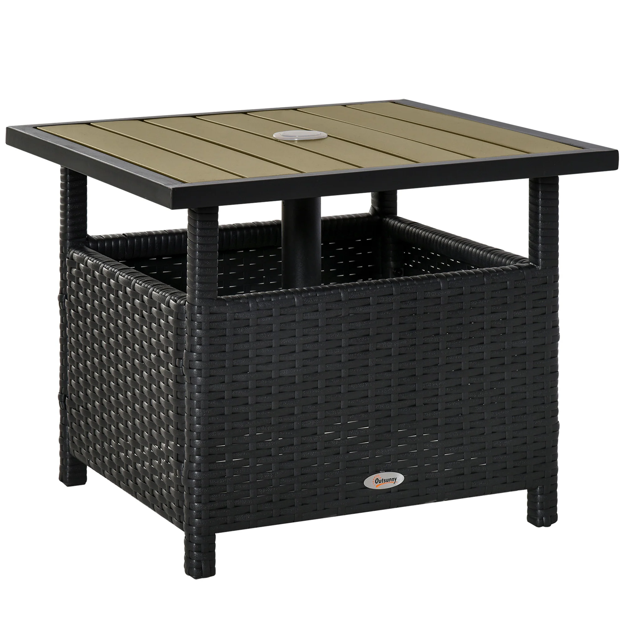 22" Square Steel PE Rattan Wicker Table with Umbrella Hole for Outdoor Patio, Black