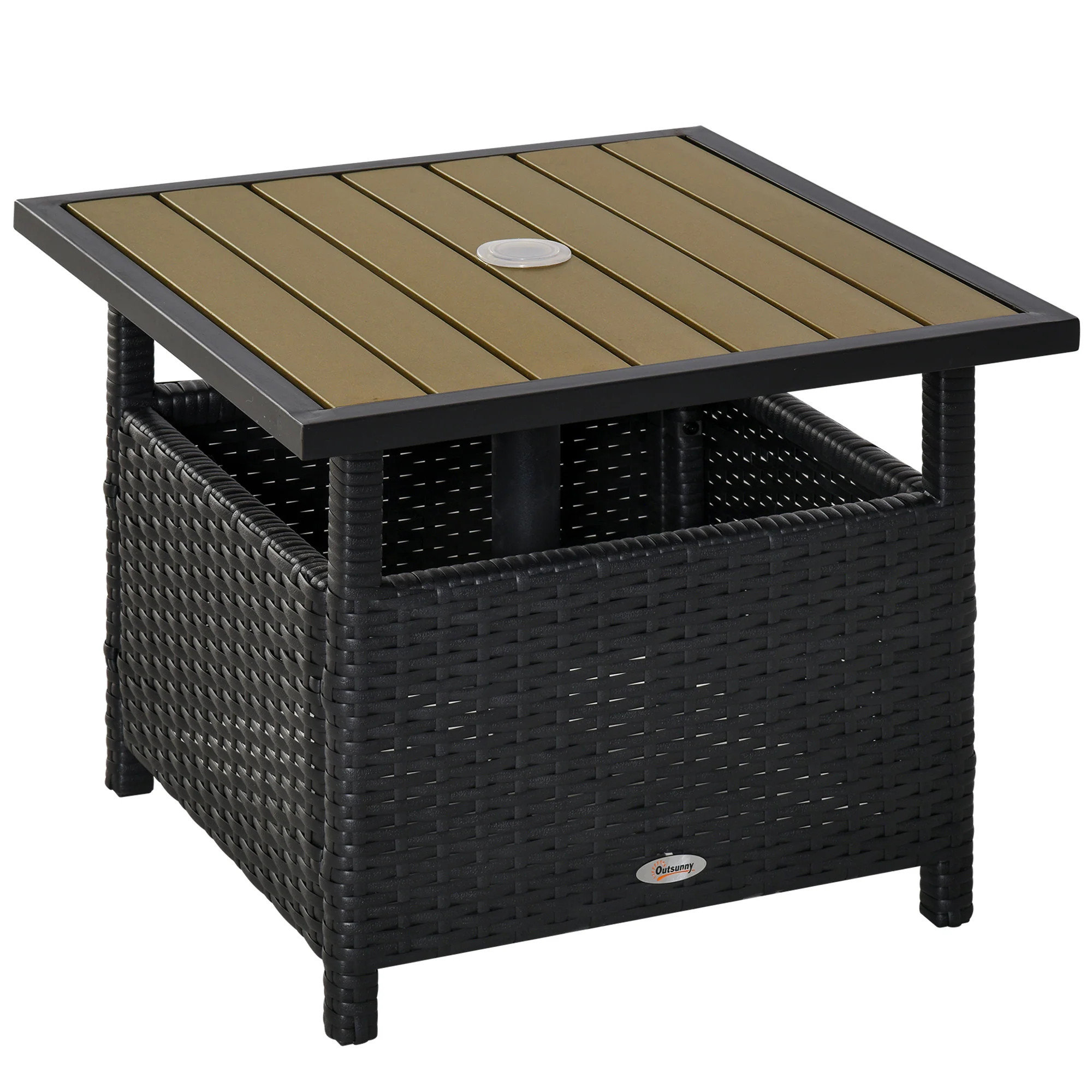 22" Square Steel PE Rattan Wicker Table with Umbrella Hole for Outdoor Patio, Black - Image 2
