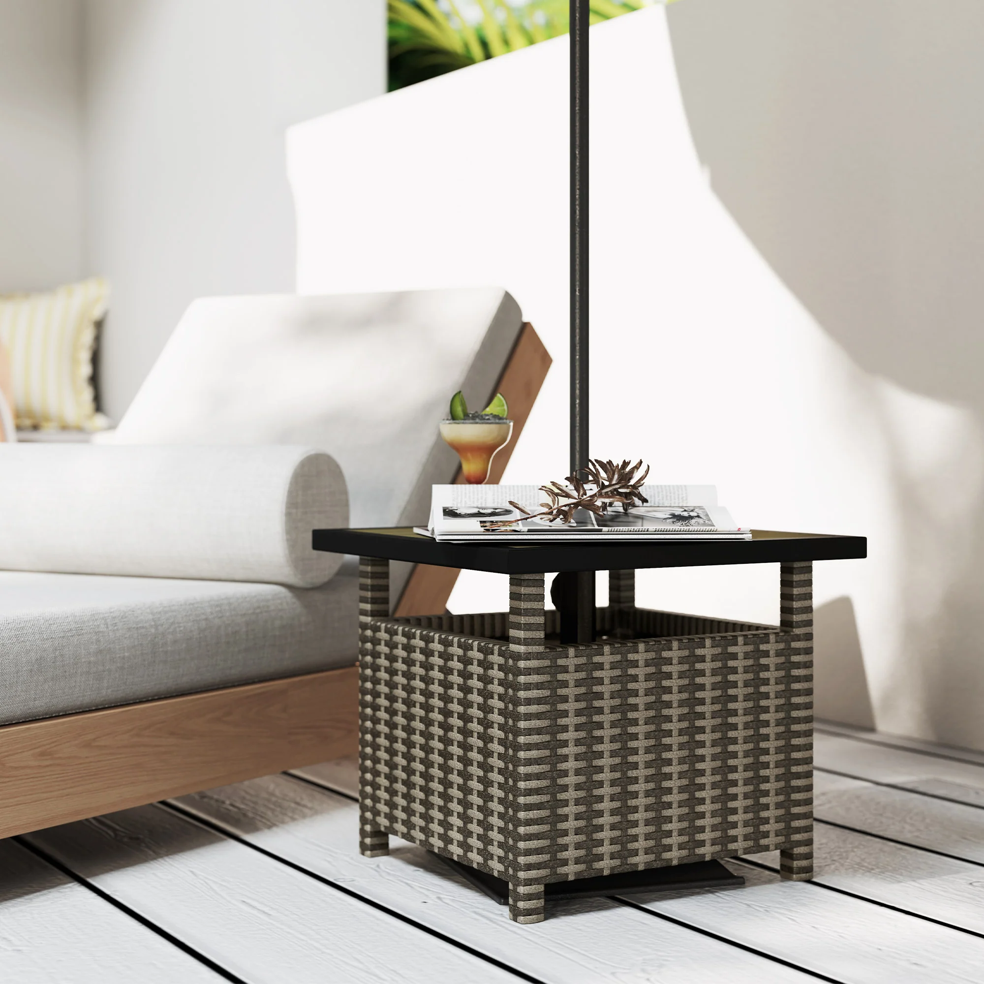 22" Square Steel PE Rattan Wicker Table with Umbrella Hole for Outdoor Patio, Mixed Grey - Image 4