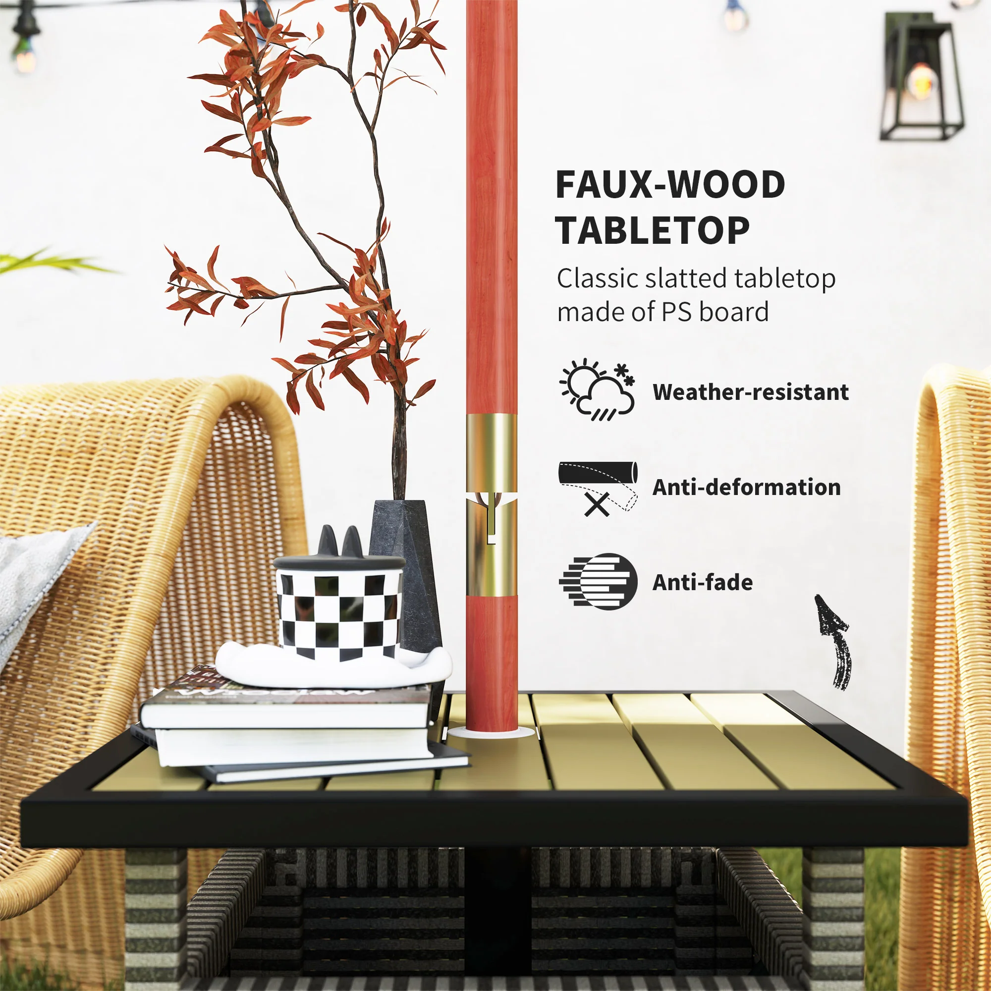 22" Square Steel PE Rattan Wicker Table with Umbrella Hole for Outdoor Patio, Mixed Grey - Image 7