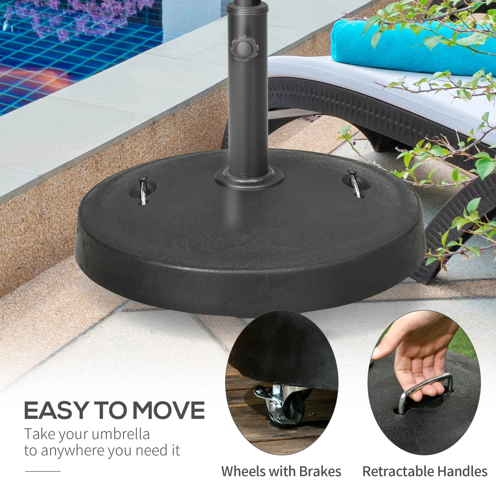 23.5kg Garden Parasol Base with Wheels & Retractable Handles, for 38 to 48mm Poles, Black - Image 7
