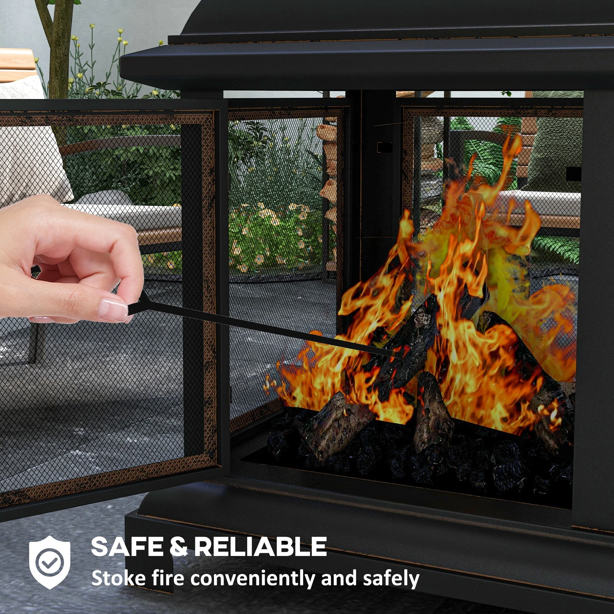 26" Fire Pit with Chimney Style, Outdoor Wood Burning Firepit with Spark Guard and Poker, Steel, Black - Image 7