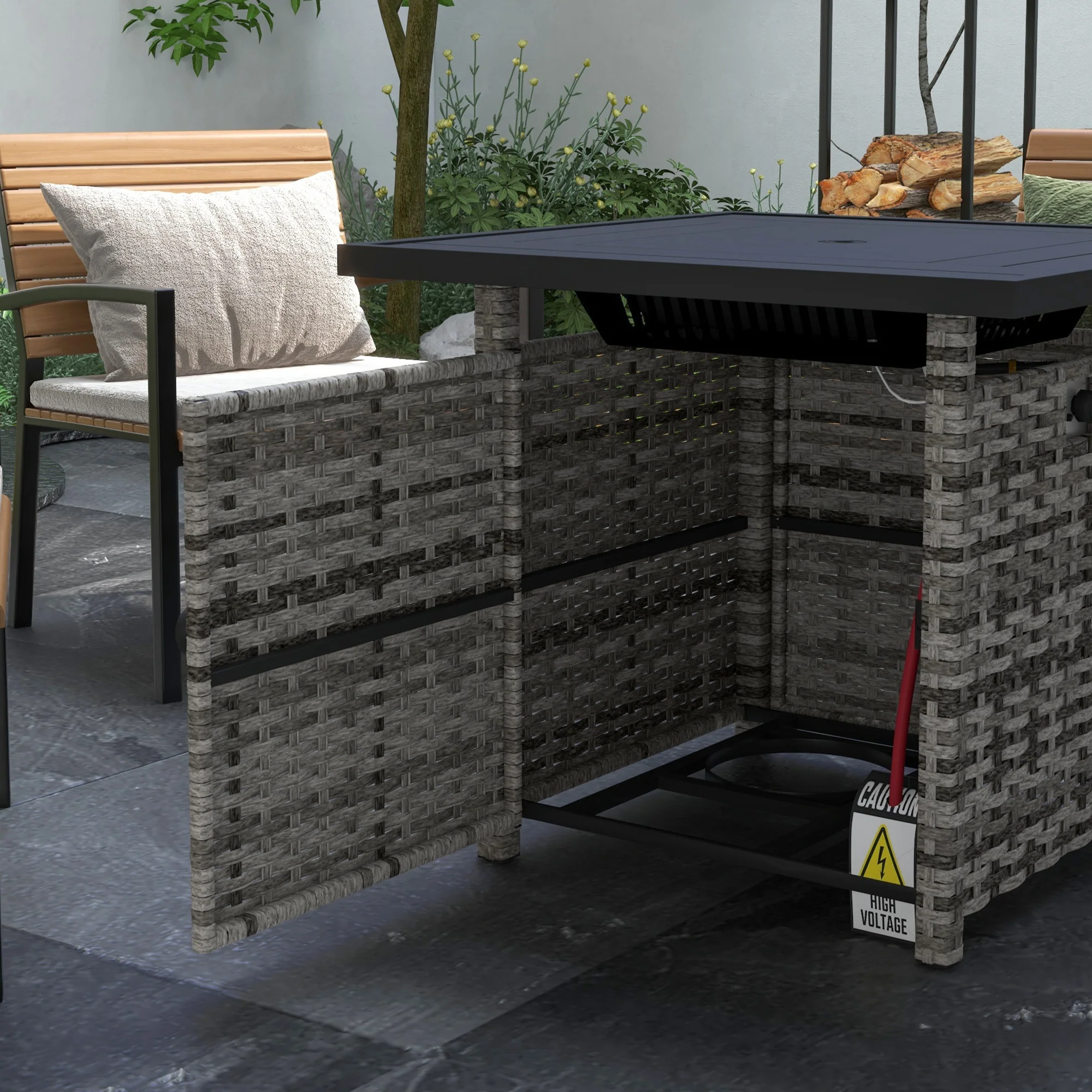 28.5" Outdoor 50,000 BTU Wicker Fire Table w/ Glass Wind Guard, Volcanic Rock, Grey - Image 11