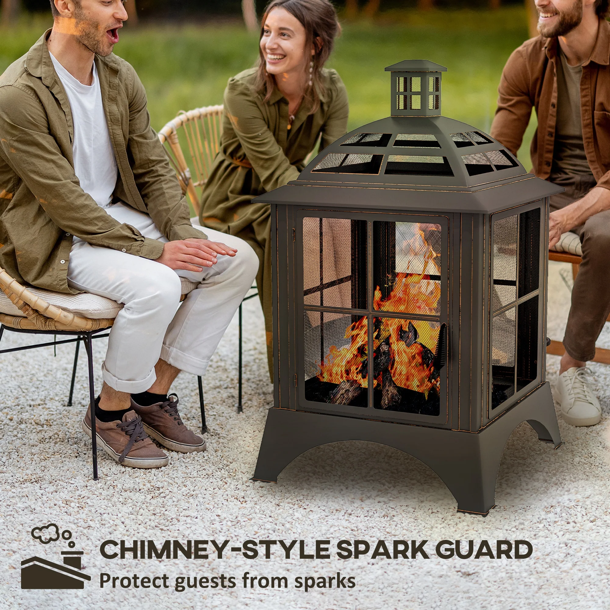 28" Fire Pit with Chimney Style, Outdoor Wood Burning Firepit w/ Spark Guard & Poker, Black - Image 6