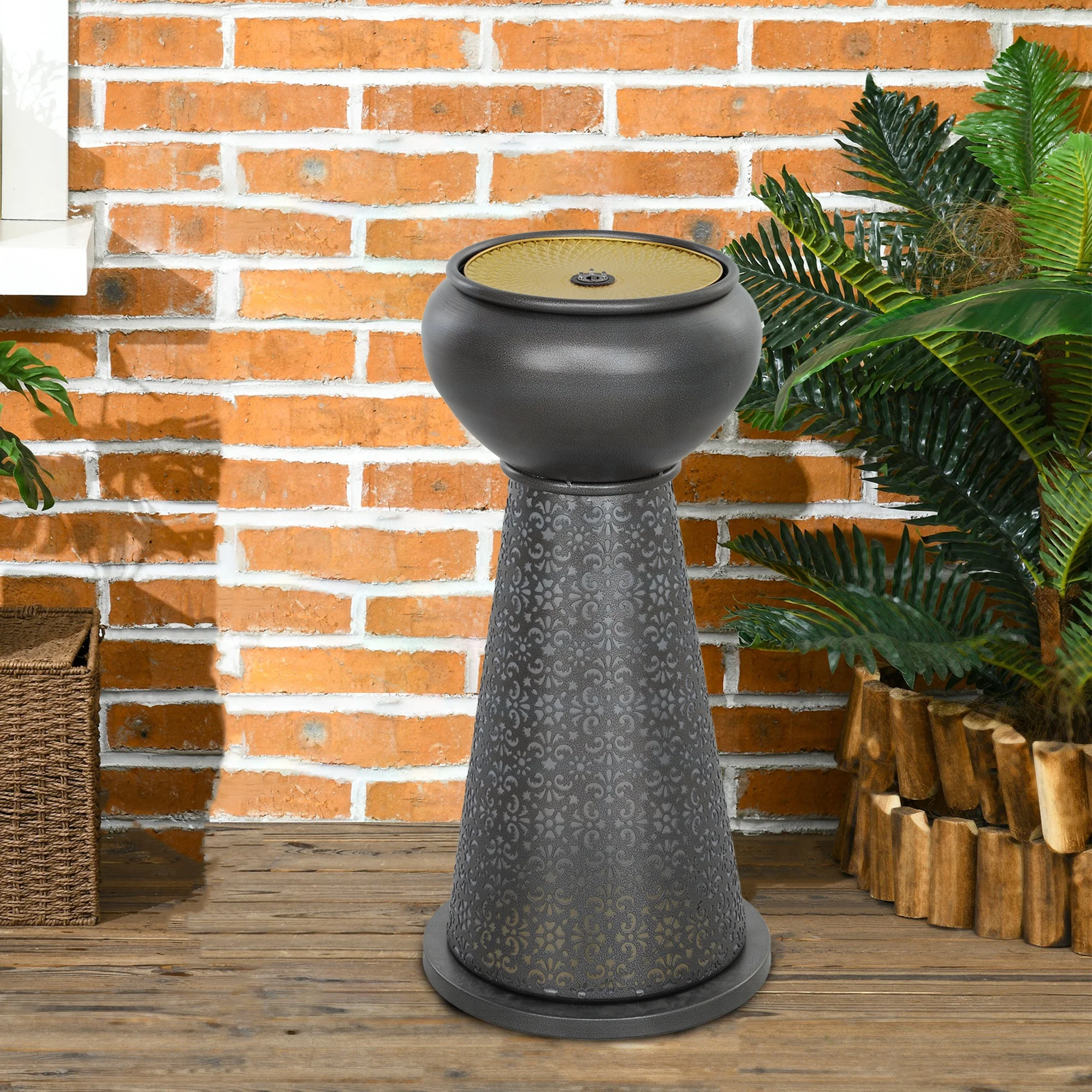 28" Tall Bowl Garden Water Fountain with LED Lights, Adjustable Flow, Dark Grey &Yellow - Image 11