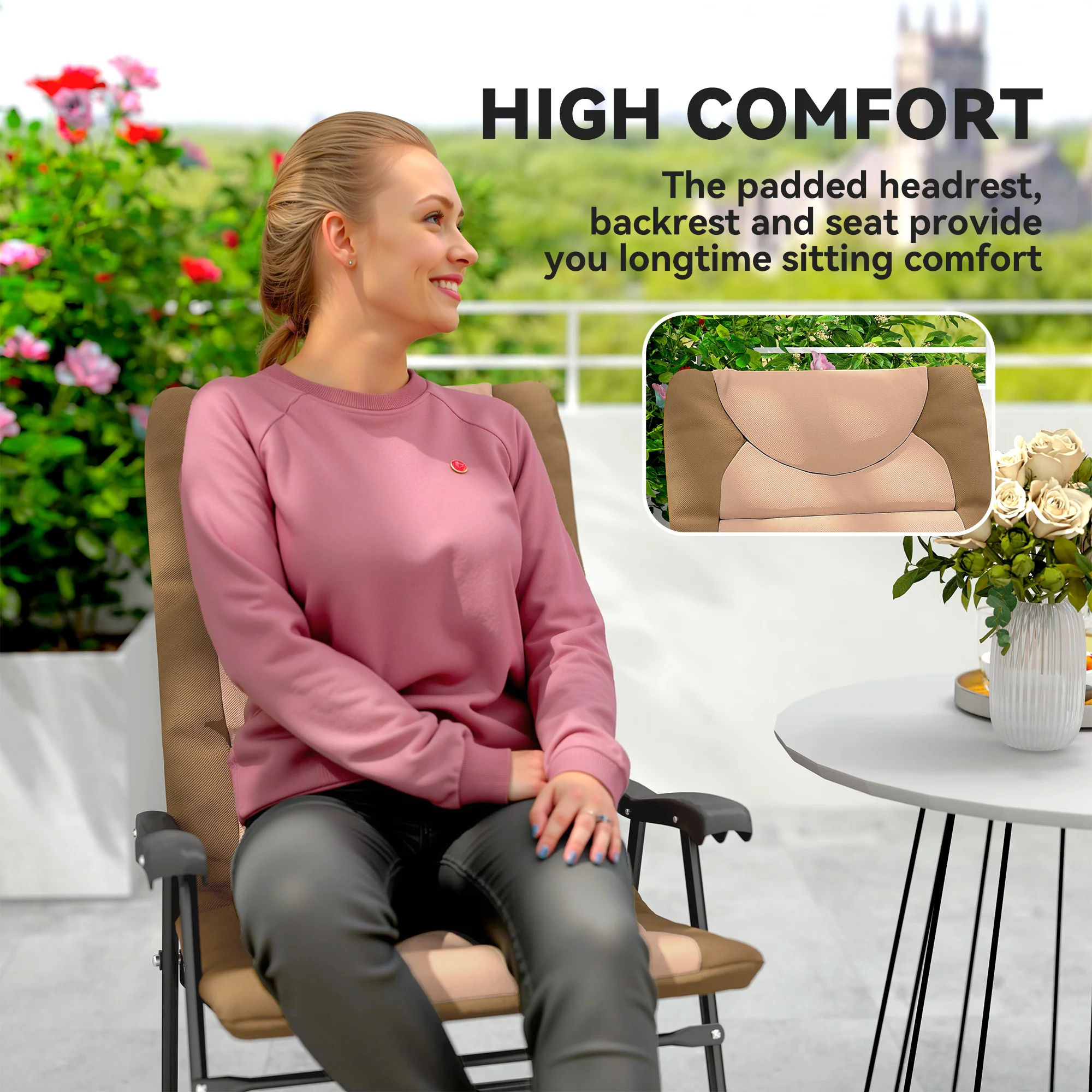 Patio Folding Rocking Chair Set of 2 Padded Rockers with Armrest & Headrest, Light Brown - Image 10