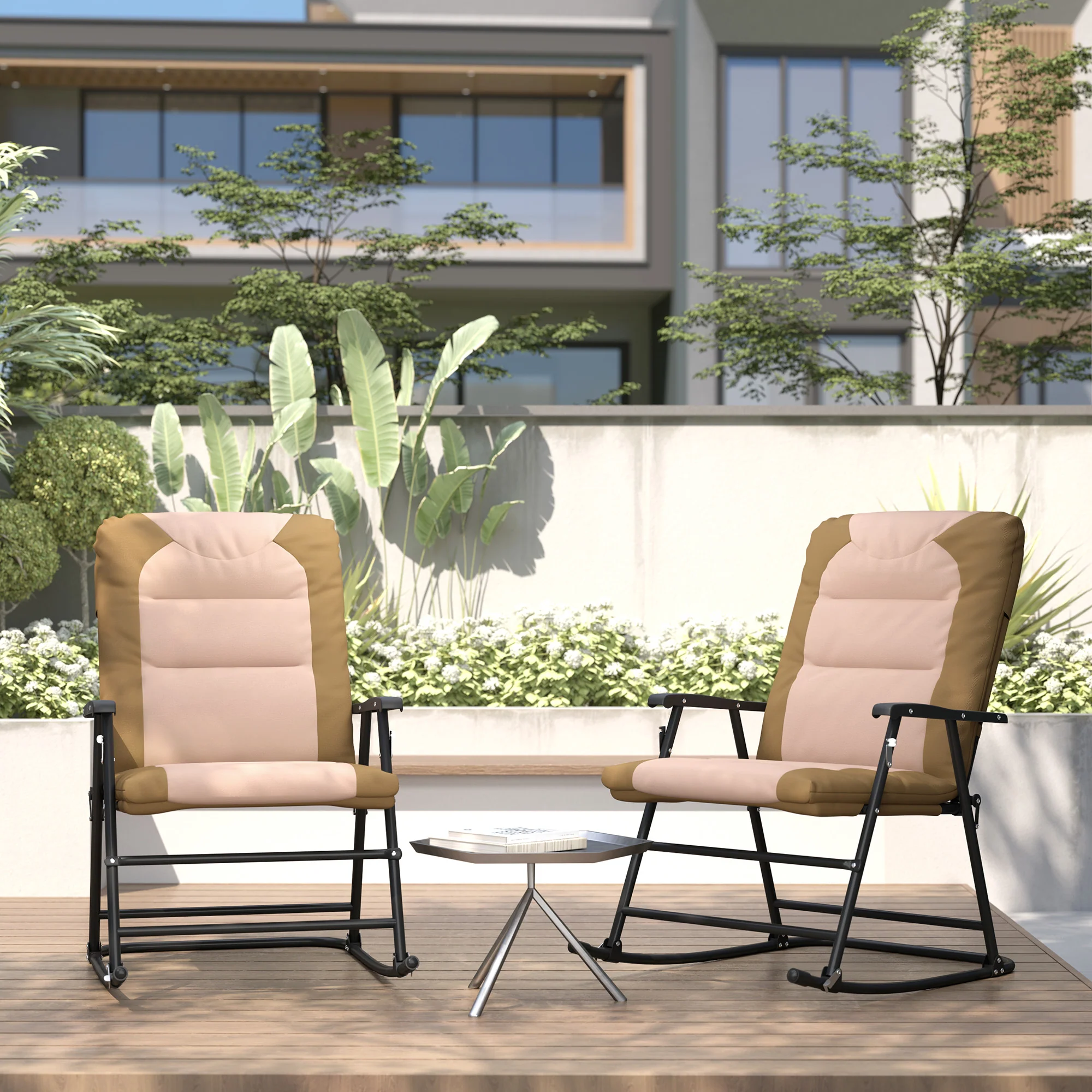 Patio Folding Rocking Chair Set of 2 Padded Rockers with Armrest & Headrest, Light Brown - Image 11