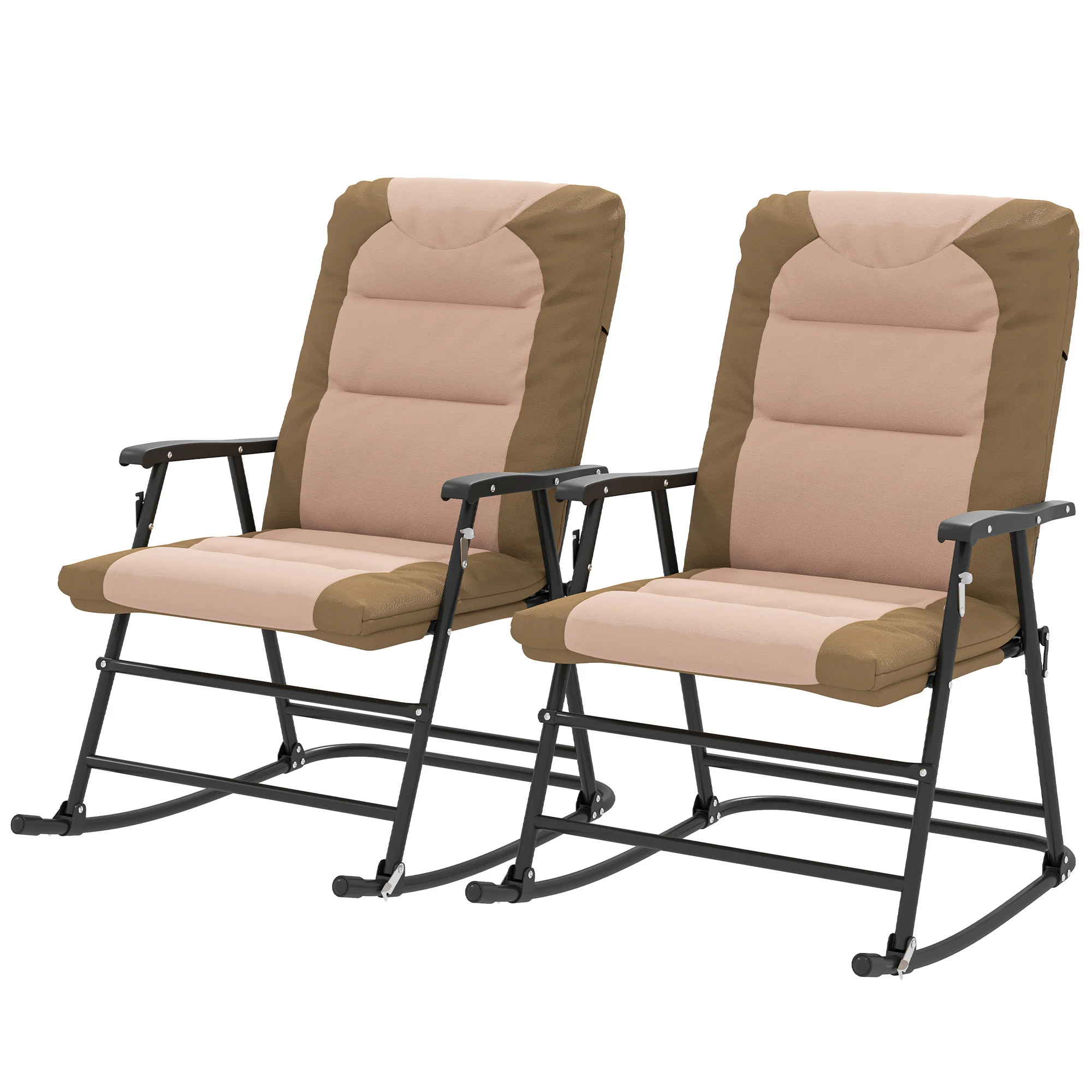 Patio Folding Rocking Chair Set of 2 Padded Rockers with Armrest & Headrest, Light Brown - Image 2