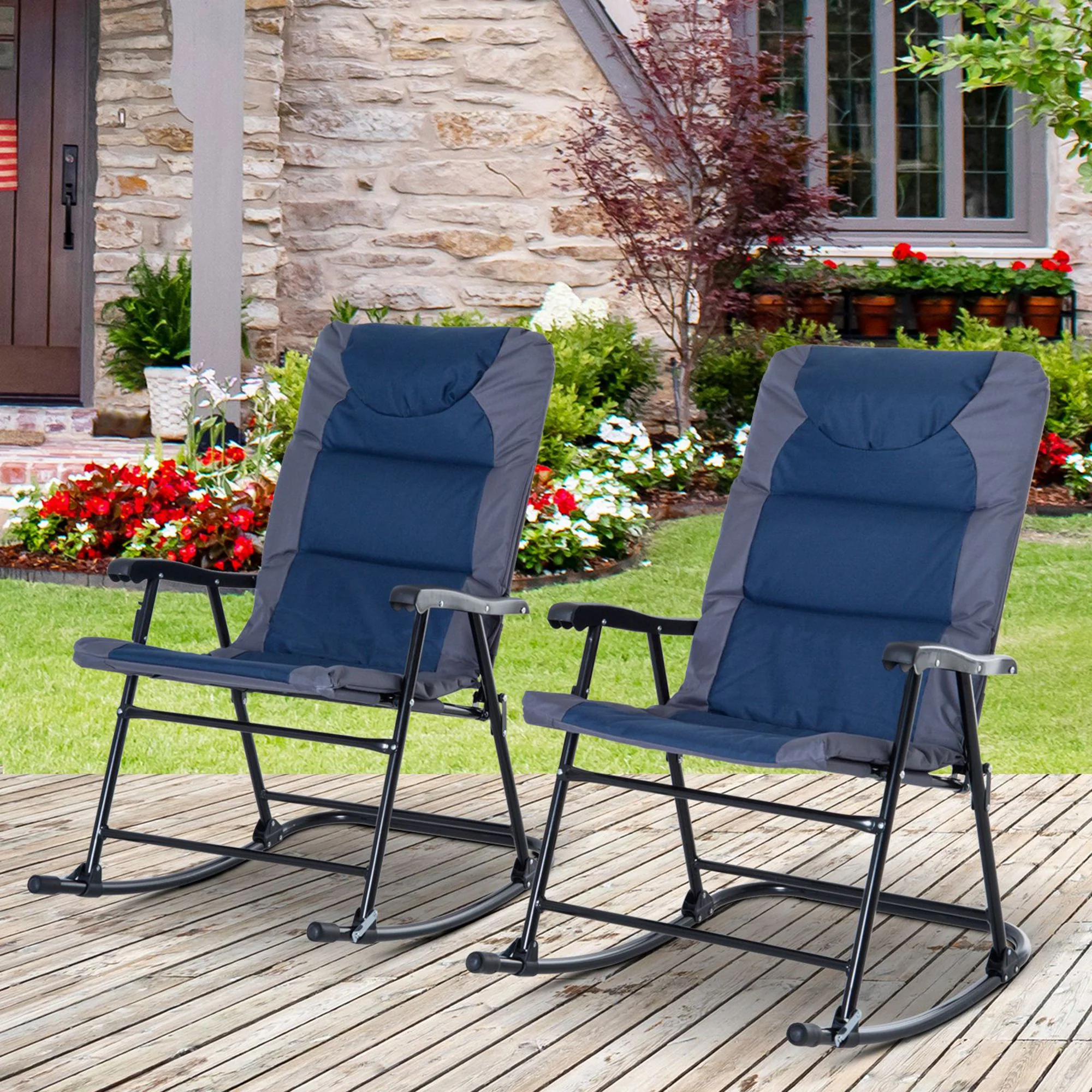 Patio Folding Rocking Chair Set of 2 Padded Rockers with Armrest & Headrest, Navy Blue - Image 4