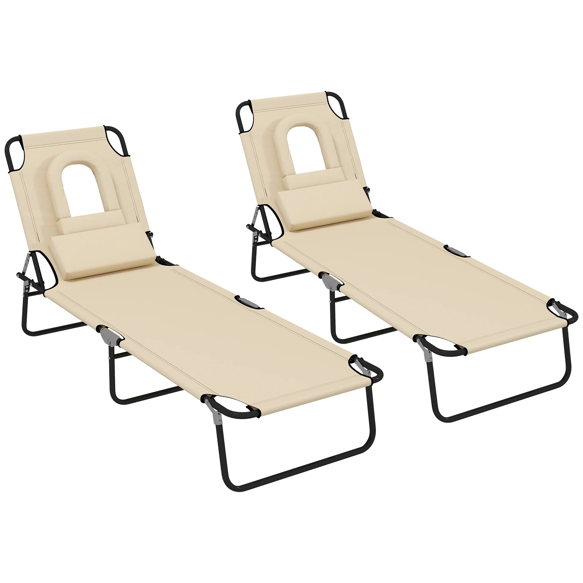 2PCS Adjustable Outdoor Lounge Chair, Garden Folding Chaise Lounge with Face Hole Reclining Tanning Chair Seat, Folding Camping Beach Lounging Bed w/ Head Support, Beige - Image 12