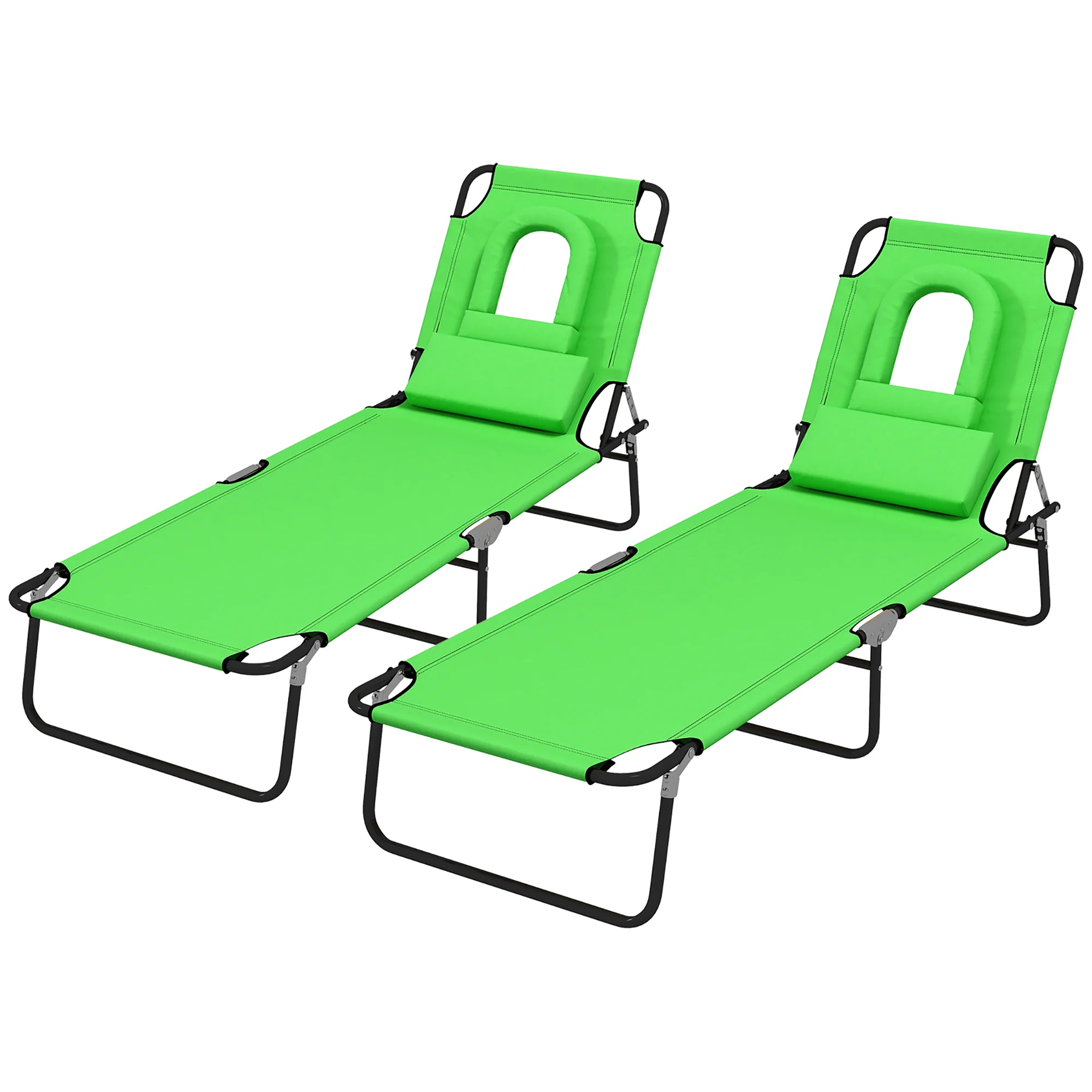2PCS Adjustable Outdoor Lounge Chair, Garden Folding Chaise Lounge with Face Hole Reclining Tanning Chair Seat, Folding Camping Beach Lounging Bed w/ Head Support, Green - Image 2