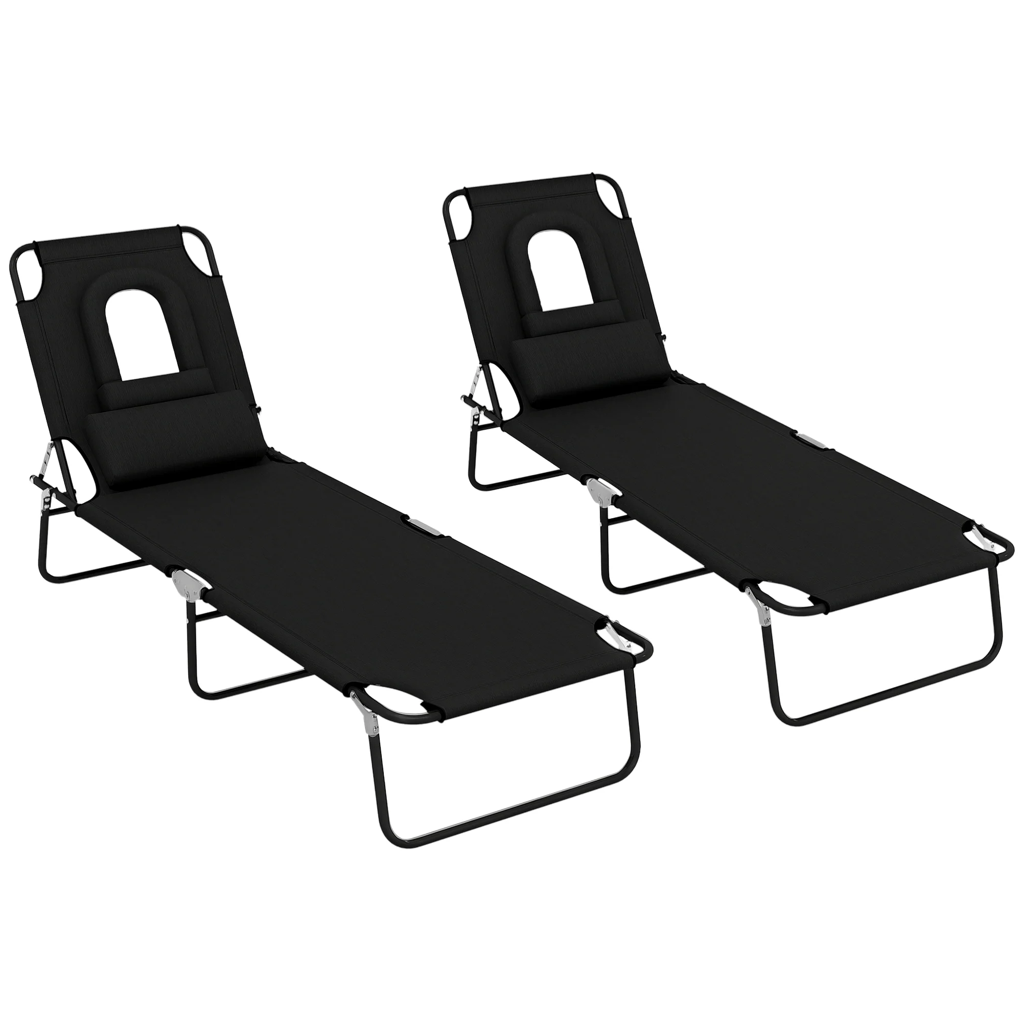 2PCS Adjustable Outdoor Lounge Chair, Garden Folding Chaise Lounge with Face Hole Reclining Tanning Chair Seat, Folding Camping Beach Lounging Bed w/ Head Support, Black