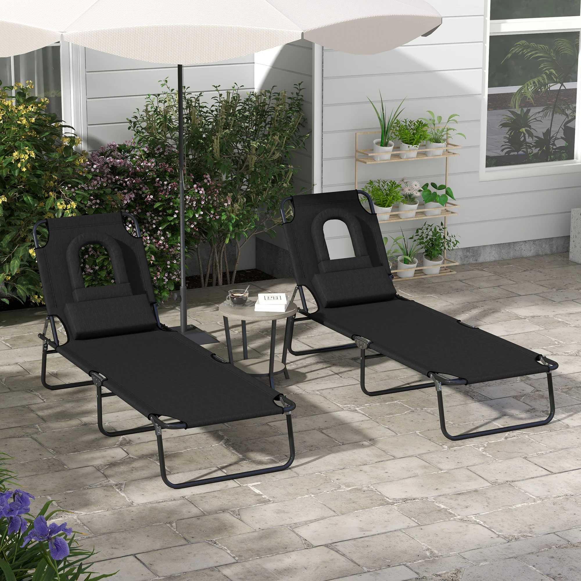 2PCS Adjustable Outdoor Lounge Chair, Garden Folding Chaise Lounge with Face Hole Reclining Tanning Chair Seat, Folding Camping Beach Lounging Bed w/ Head Support, Black - Image 3