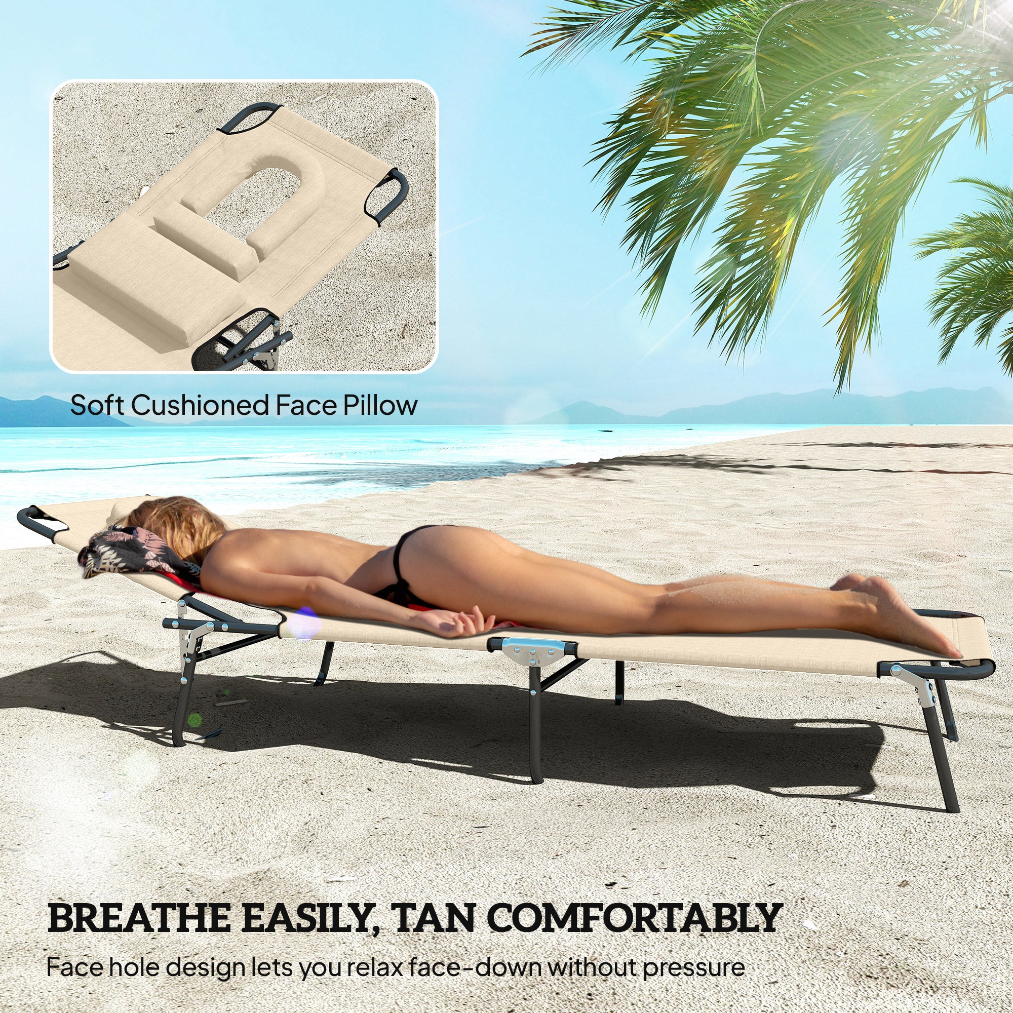 2PCS Adjustable Outdoor Lounge Chair, Garden Folding Chaise Lounge with Face Hole Reclining Tanning Chair Seat, Folding Camping Beach Lounging Bed w/ Head Support, Beige - Image 9
