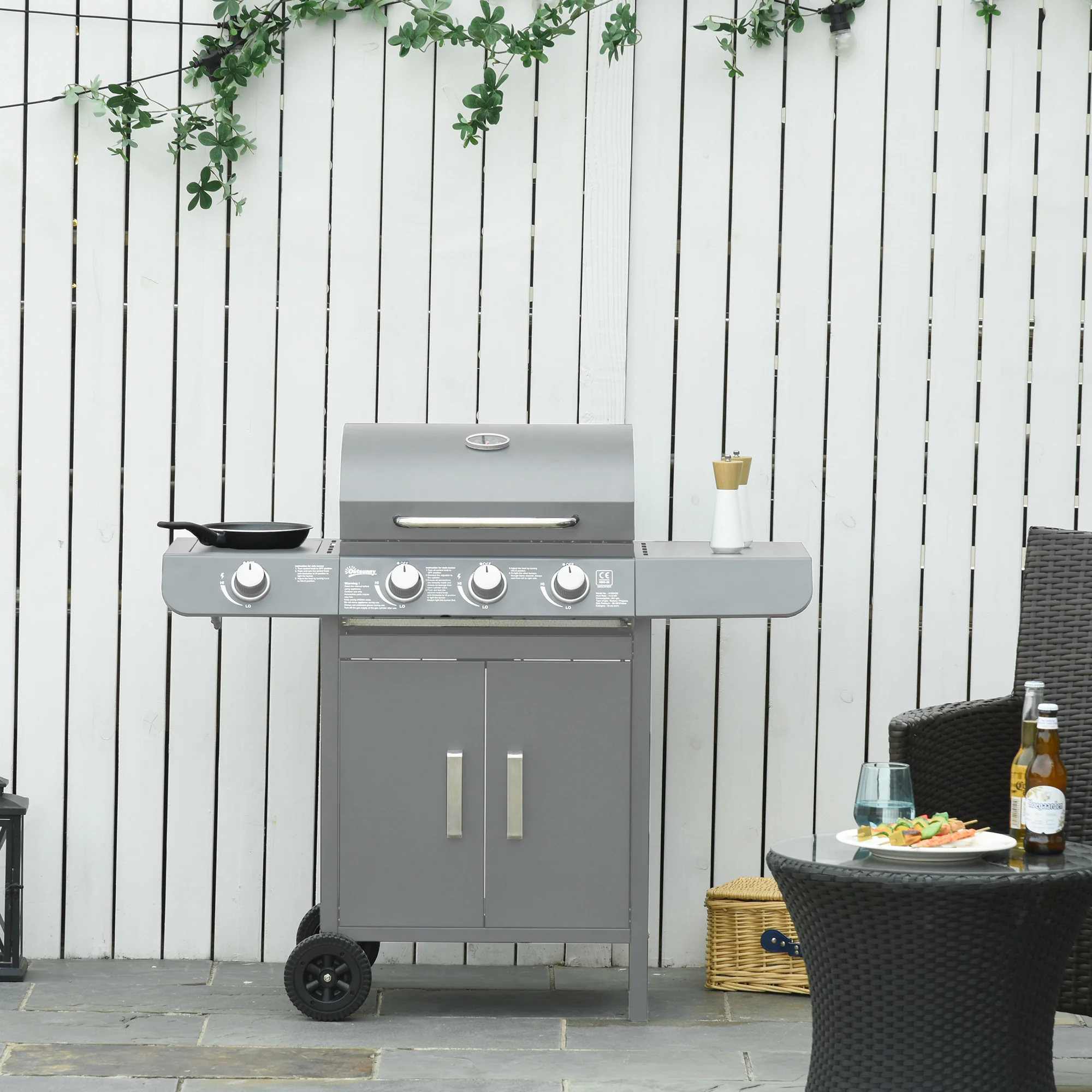 3+1 Burner Gas BBQ Gril with Side Burner, Warming Rack & Thermometer, 110 x 50 x 100cm, Grey - Image 3